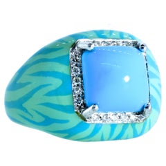 Turquoise and Diamond and 18K White Gold Ring with Matching Enamel