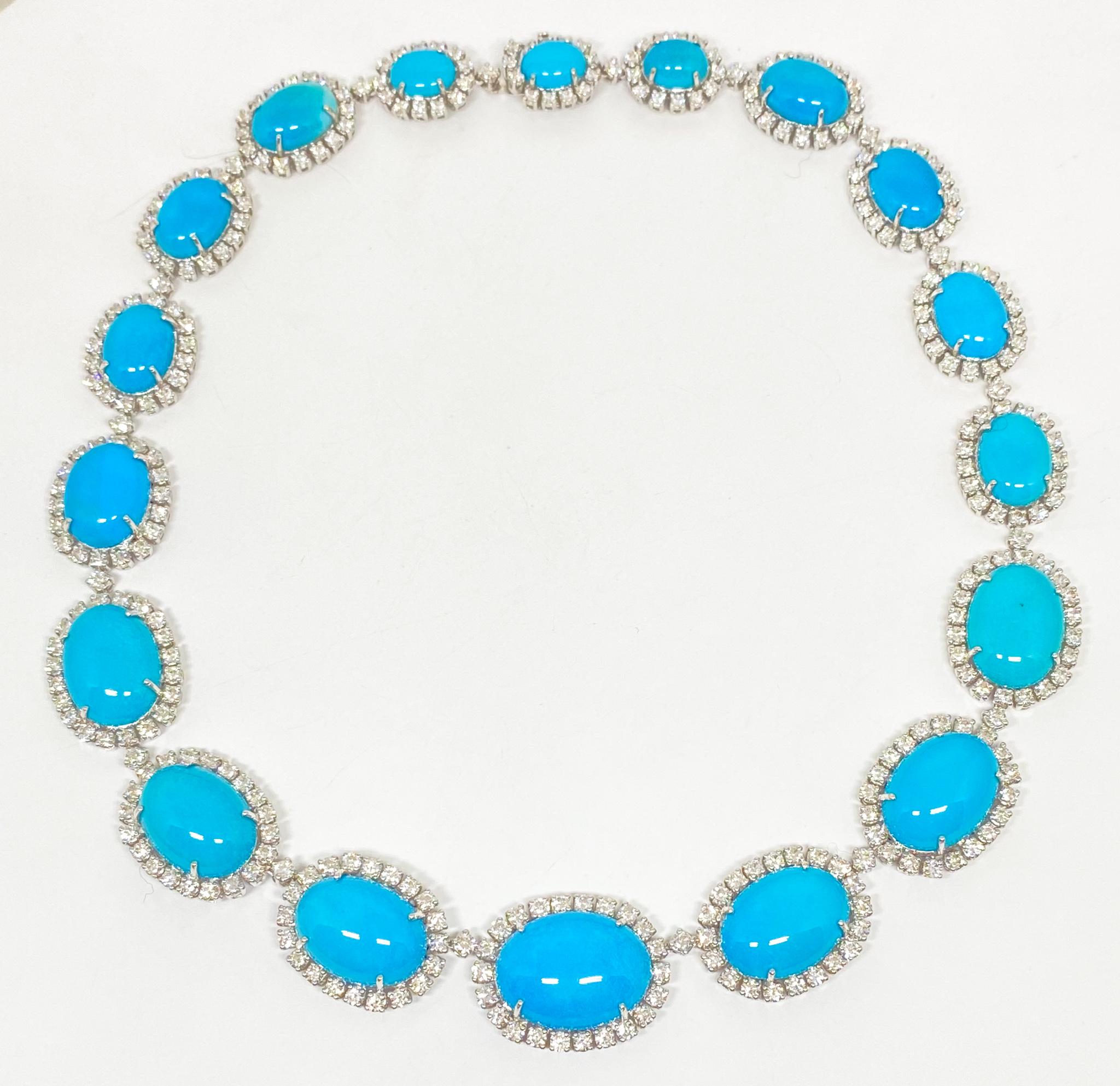 Turquoise and Diamond Beaded Necklace in 18KT White Gold In New Condition For Sale In Houston, TX