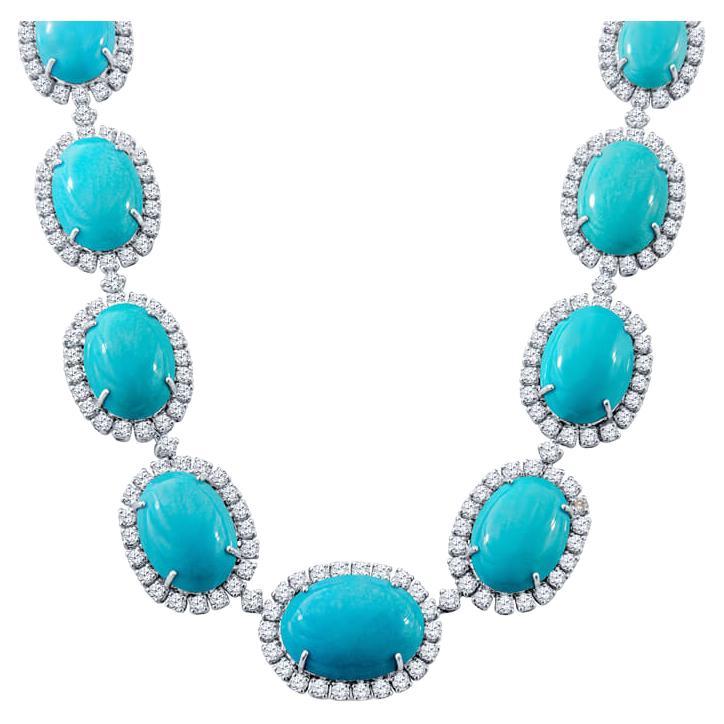 Turquoise and Diamond Beaded Necklace in 18KT White Gold For Sale