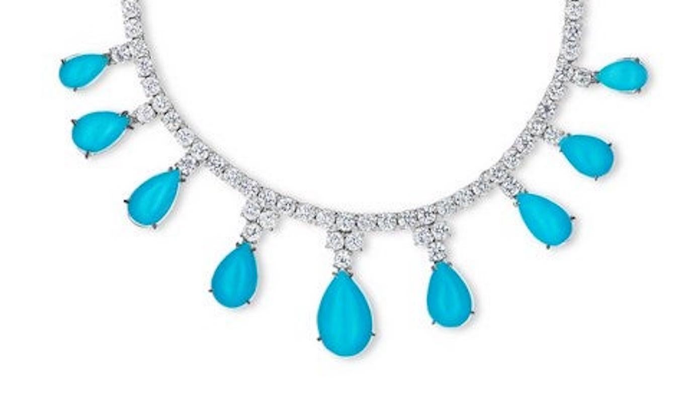 Fine Sleeping Turquoise Pear Shapes weighing about 70 Carats.
Diamonds weighing 19.50 Carats.
Made in Italy.