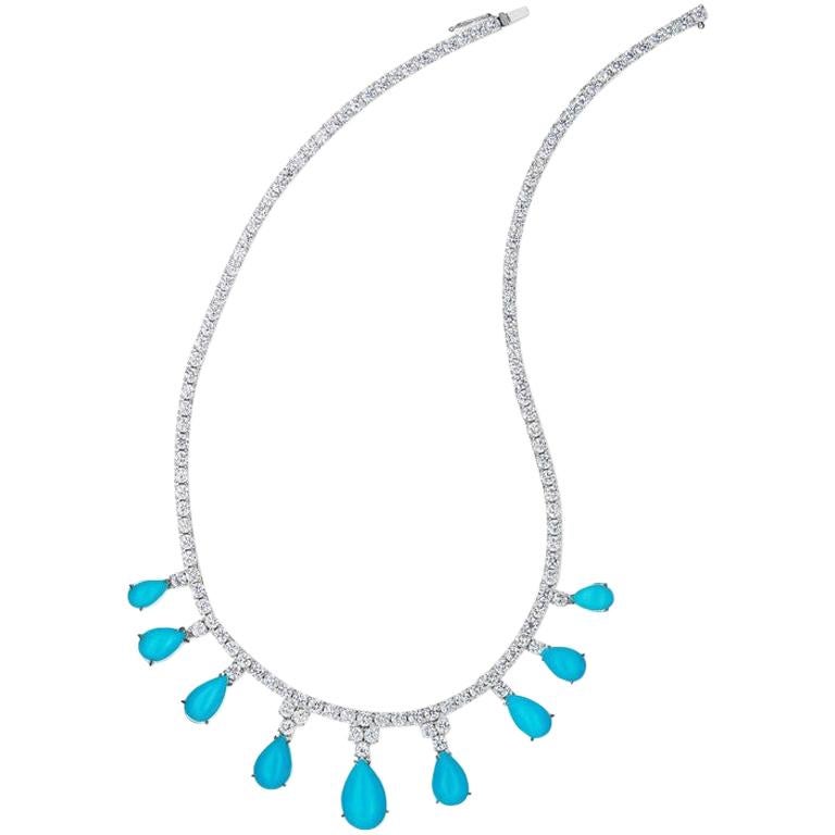 Turquoise and Diamond Bib Necklace For Sale