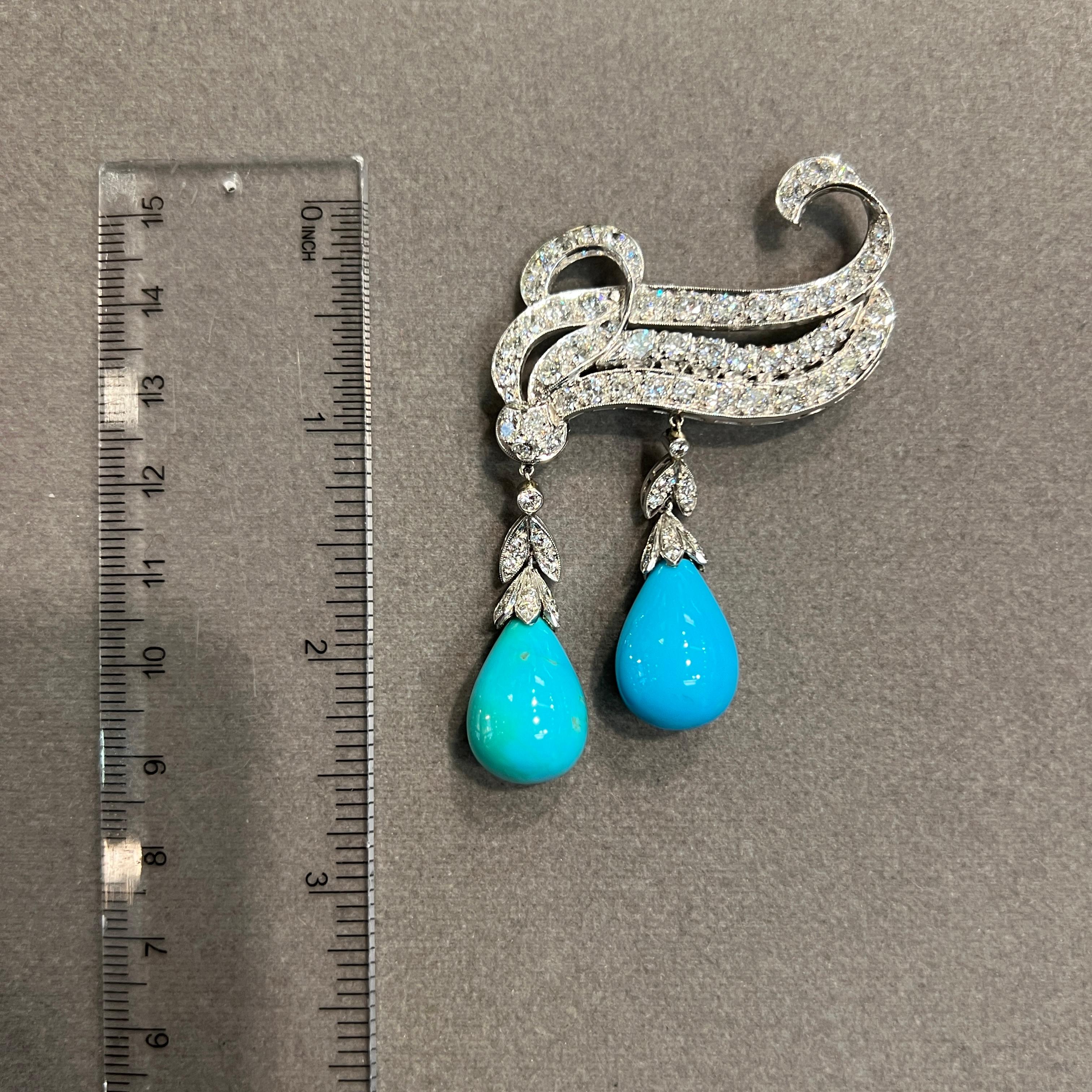 Mixed Cut Turquoise and Diamond Brooch