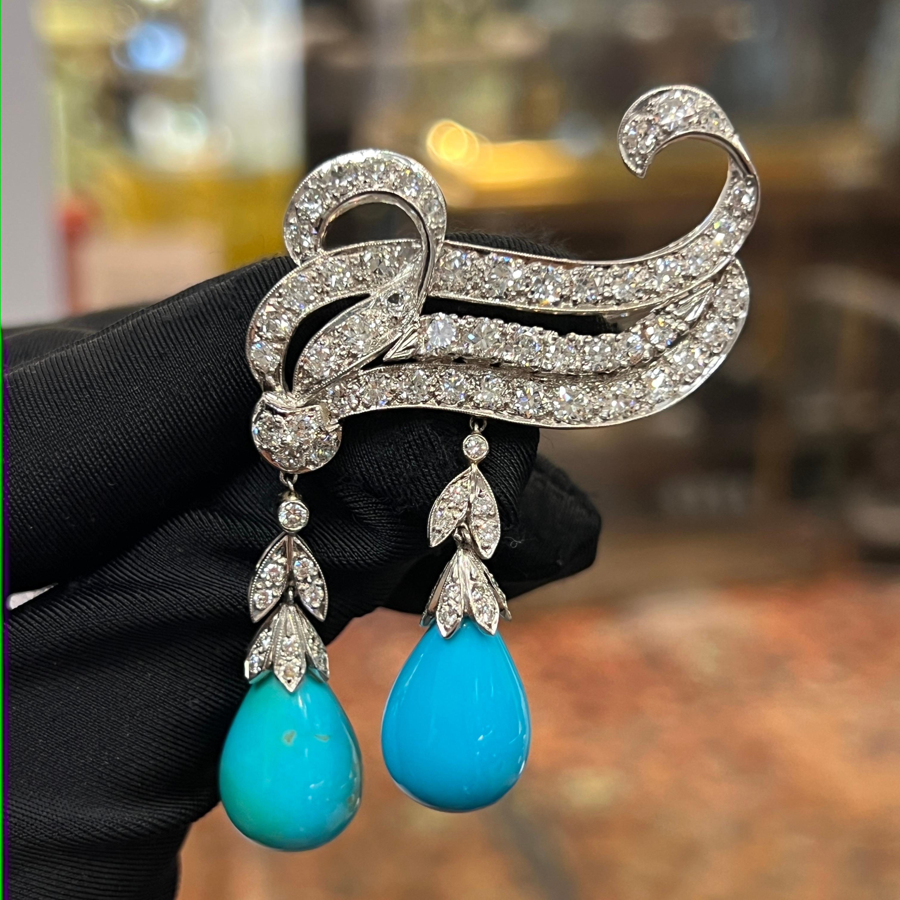 Turquoise and Diamond Brooch In Excellent Condition In New York, NY