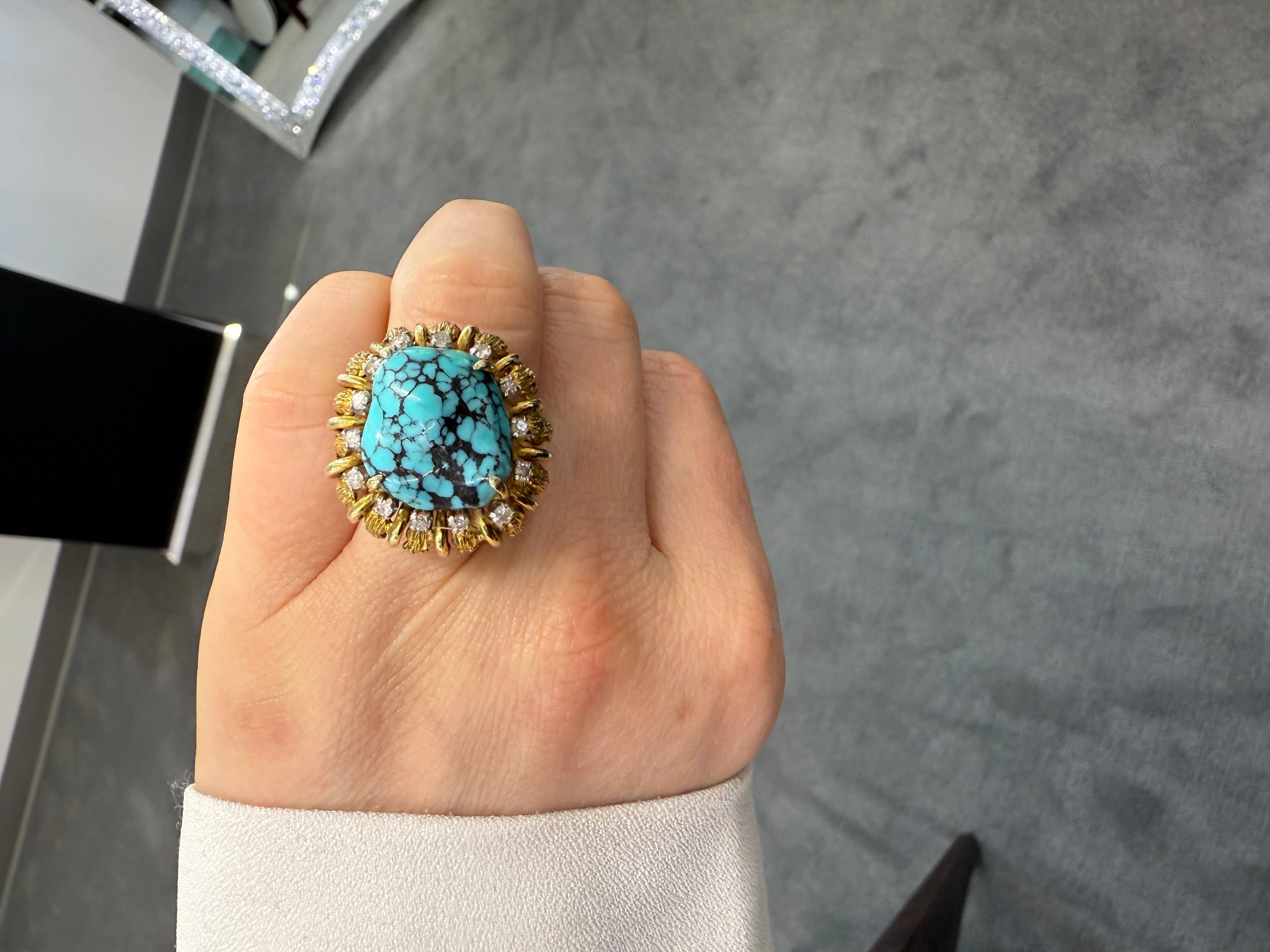 Retro Turquoise and Diamond Cocktail Ring For Sale