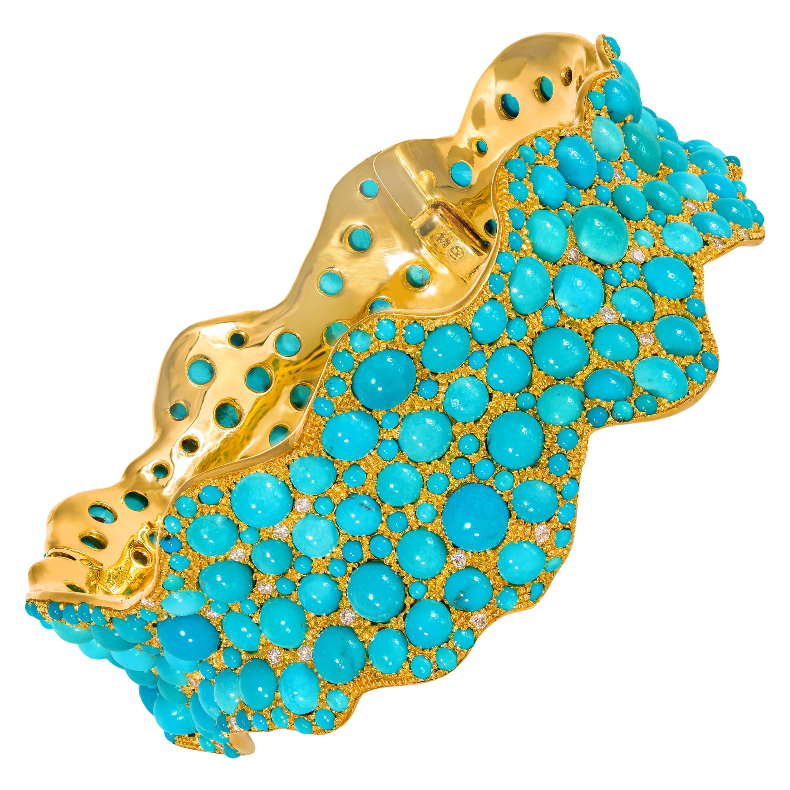 Rosior one-off Turquoise and Diamond Bangle Bracelet set in Yellow Gold
