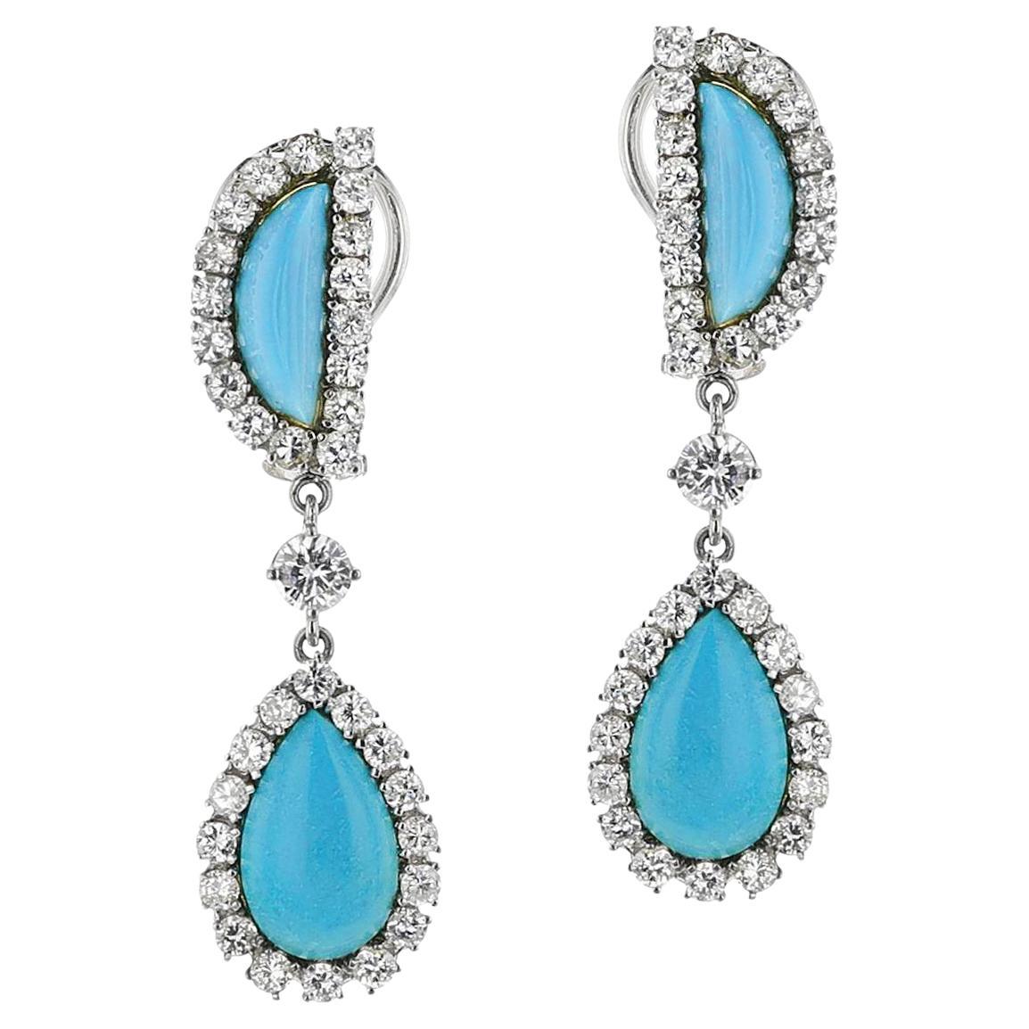 Turquoise and Diamond Dangling Earrings, 14k