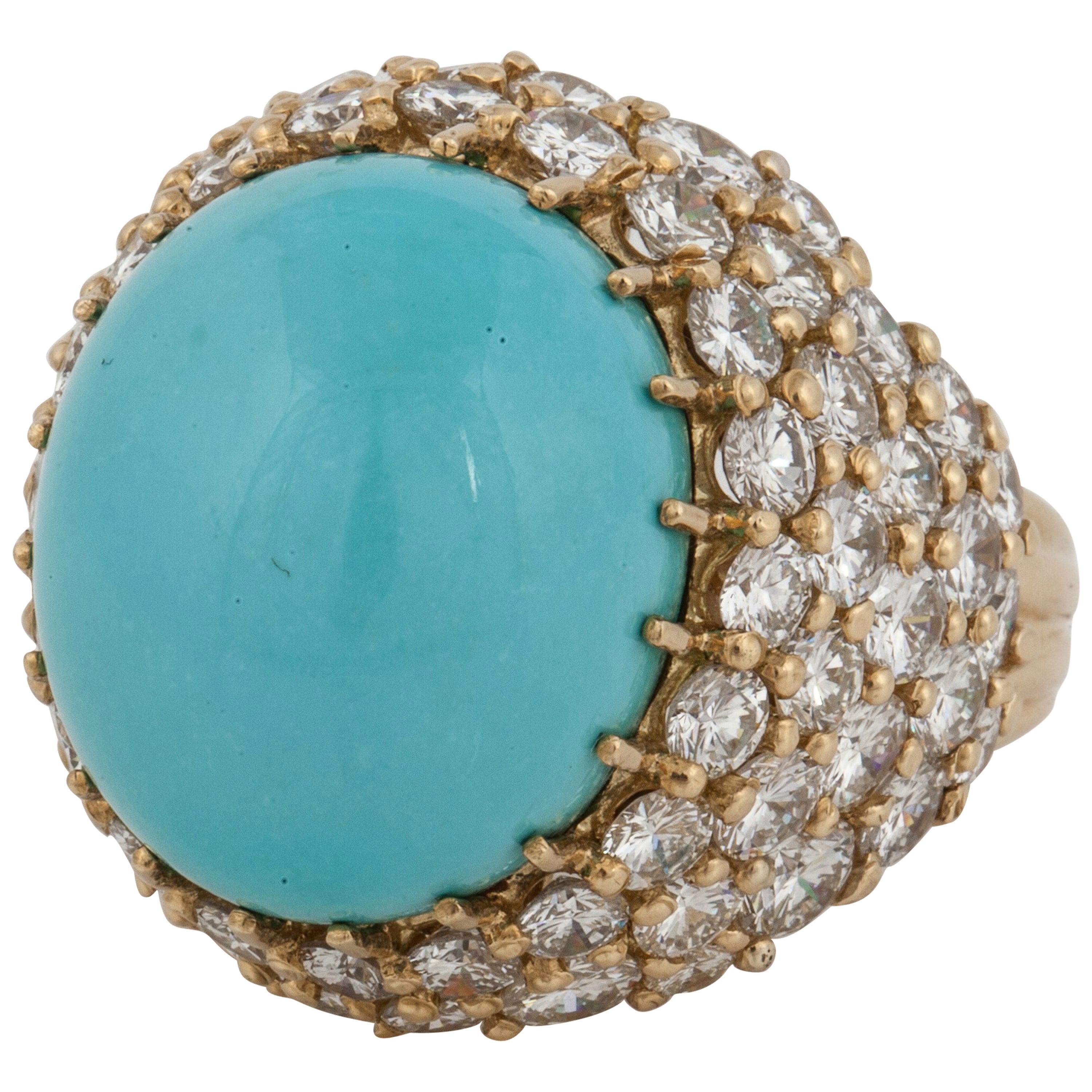 Turquoise and Diamond Dome Ring in 18K Gold For Sale