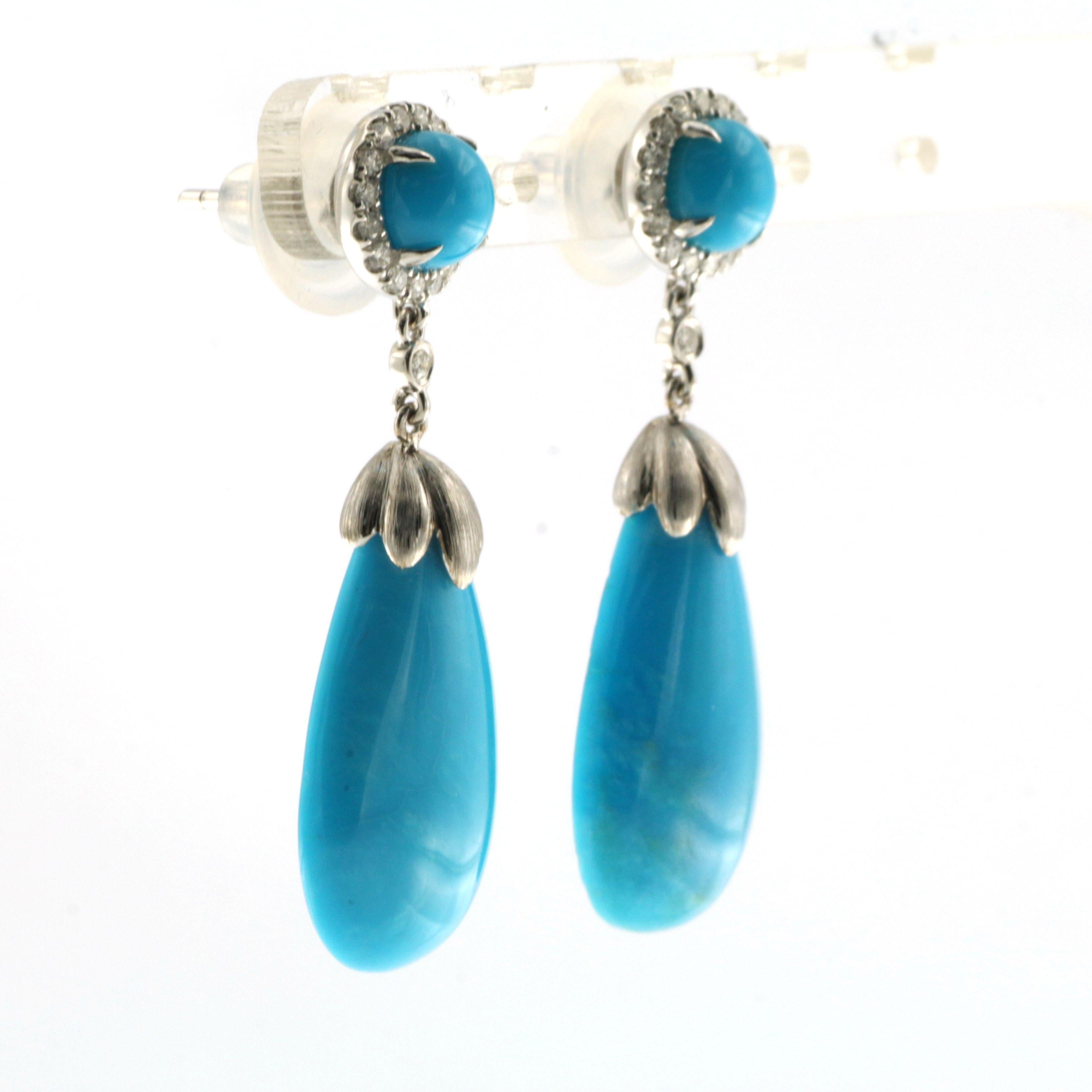 Contemporary Turquoise and Diamond Drop Earring in 14K White Gold For Sale
