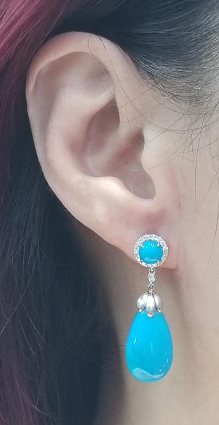 Pear Cut Turquoise and Diamond Drop Earring in 14K White Gold For Sale