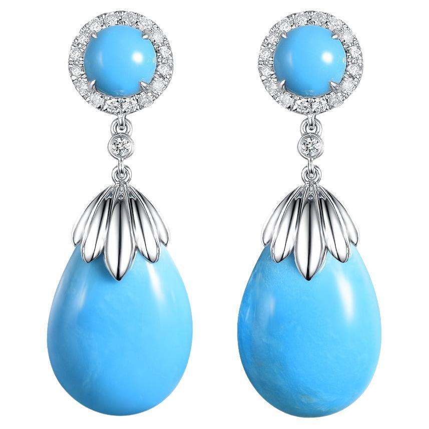 Turquoise and Diamond Drop Earring in 14K White Gold For Sale