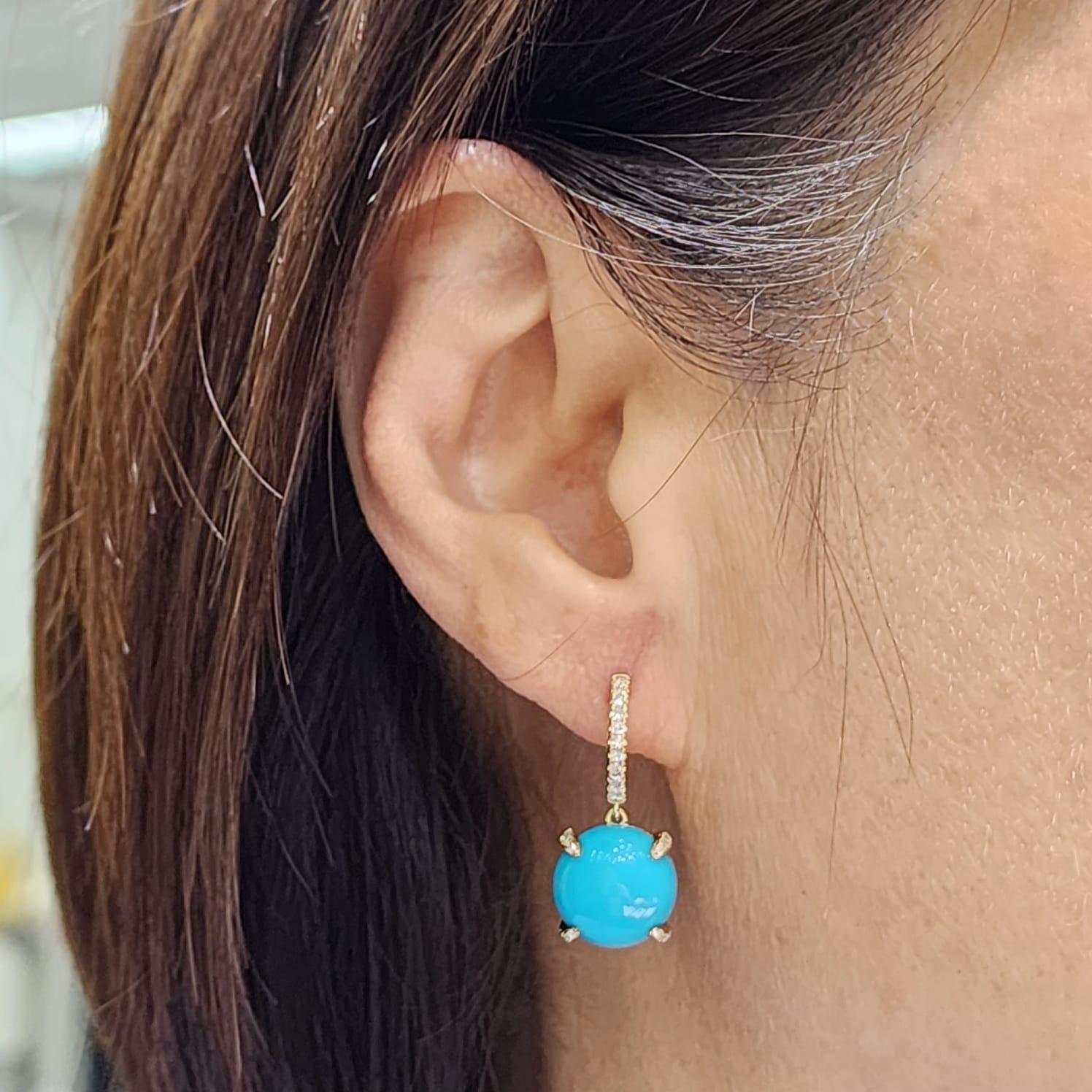 10.55Ct Turquoise and Diamond Drop Earring in 14K Yellow Gold In New Condition In Hong Kong, HK