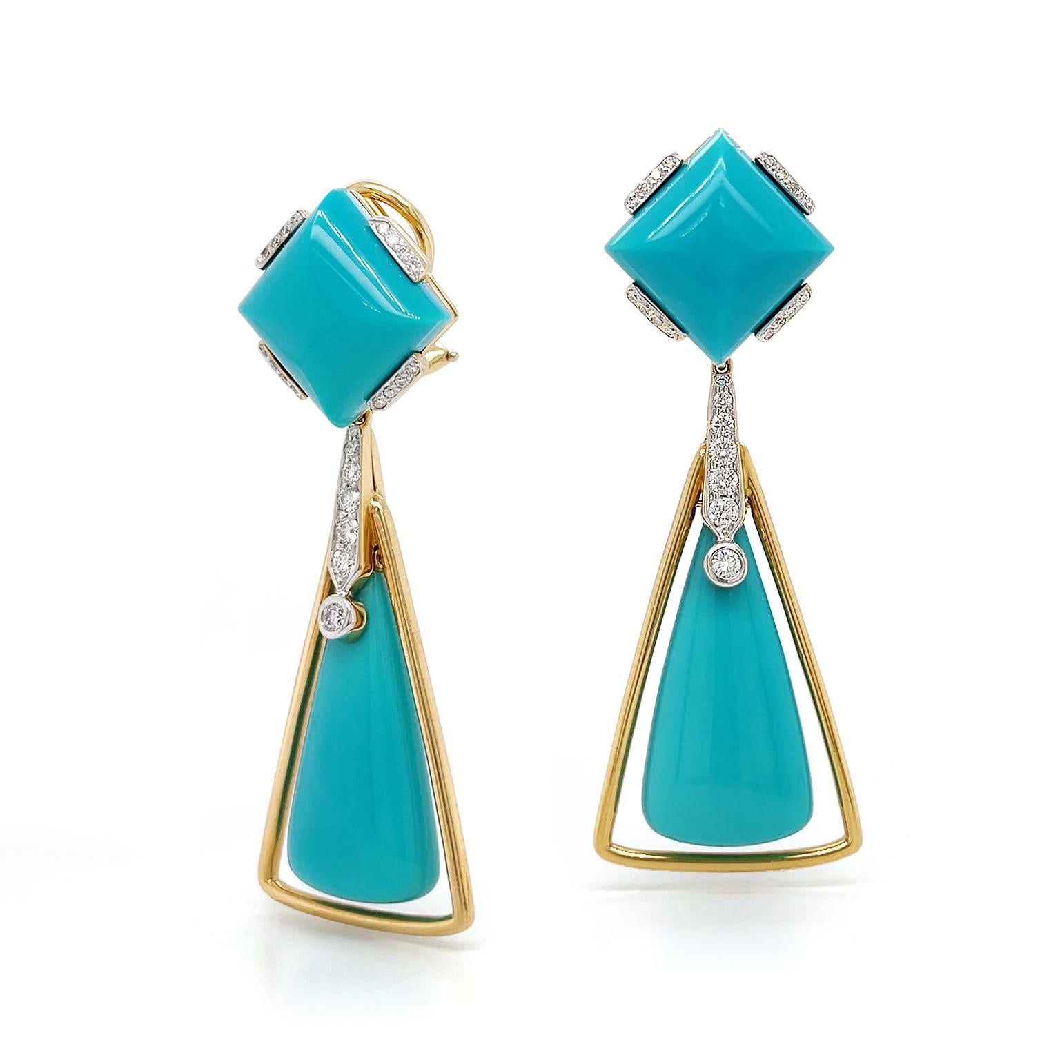 An arresting blue hue of turquoise is showcased in these drop earrings. Beginning with a square cabochon, slender 18k yellow gold prongs ornamented with diamonds emit a soft flicker. Next a tapered row of diamonds, ascending in size, draws the eye