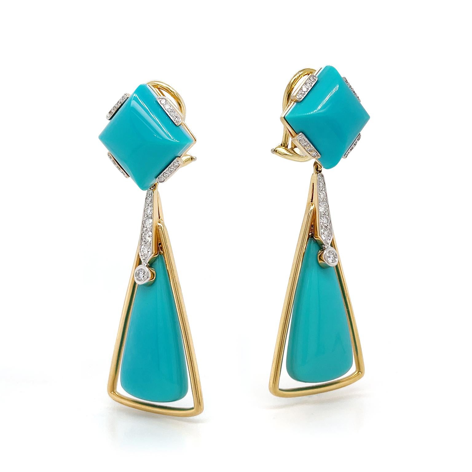 Cabochon Turquoise and Diamond 18K Yellow Gold Drop Earrings For Sale