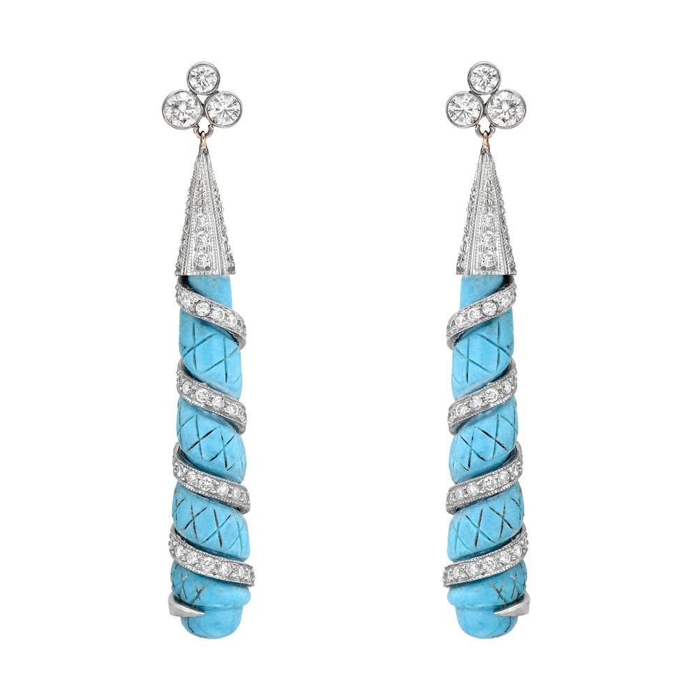 Round Cut Turquoise and Diamond Drop Earrings