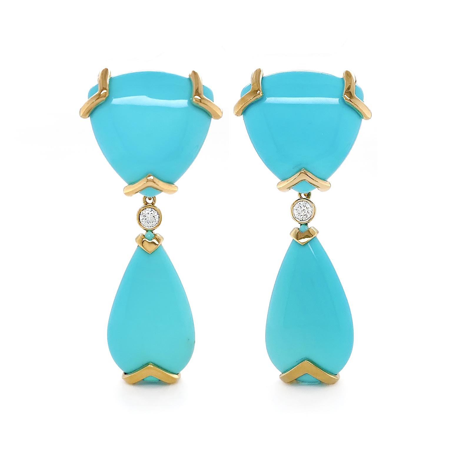 Cabochon 18K Yellow Gold Sleeping Beauty Turquoise and Diamond Drop Earrings For Sale