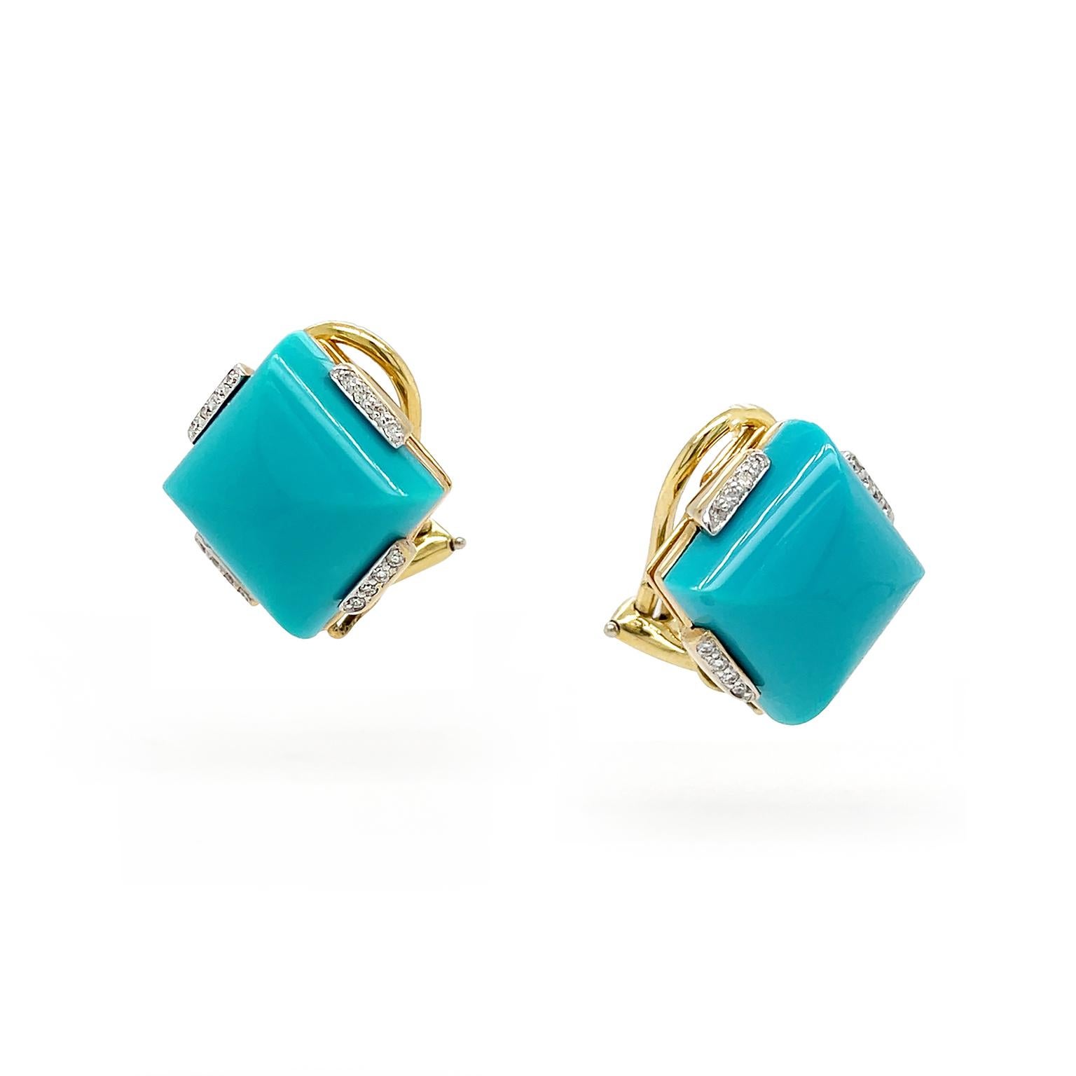 Pendants d'oreilles en or jaune 18K avec turquoise et diamants Neuf - En vente à New York, NY