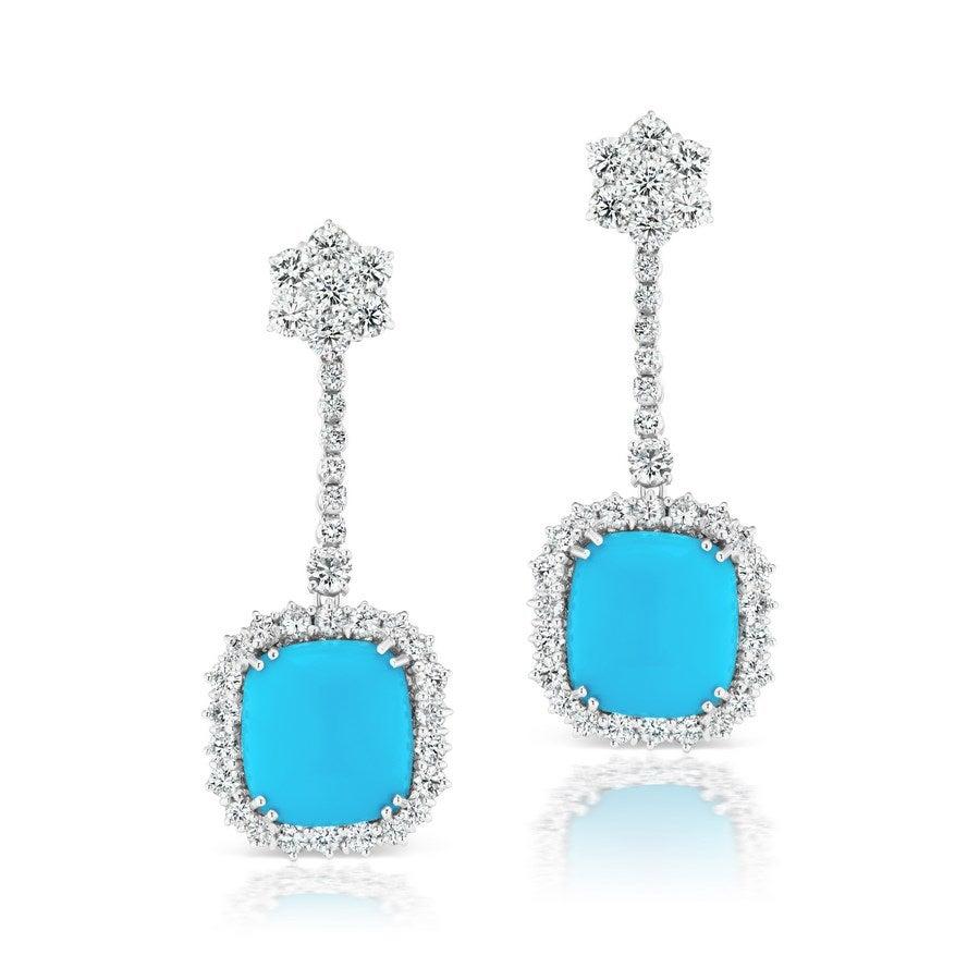 Cabochon Turquoise and Diamond Drop Earrings For Sale