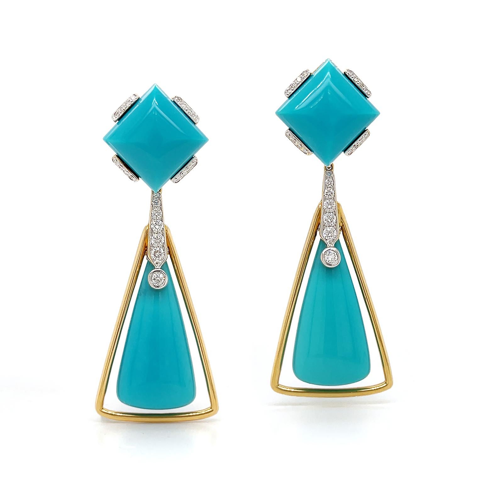 Women's or Men's Turquoise and Diamond 18K Yellow Gold Drop Earrings For Sale