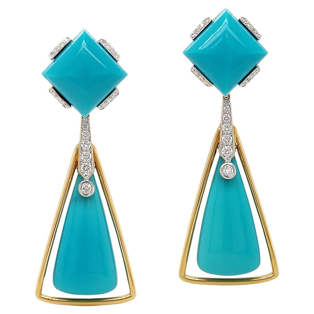 Turquoise and Diamond 18K Yellow Gold Drop Earrings For Sale