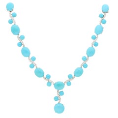 Vintage Turquoise and Diamond Drop Necklace in White Gold