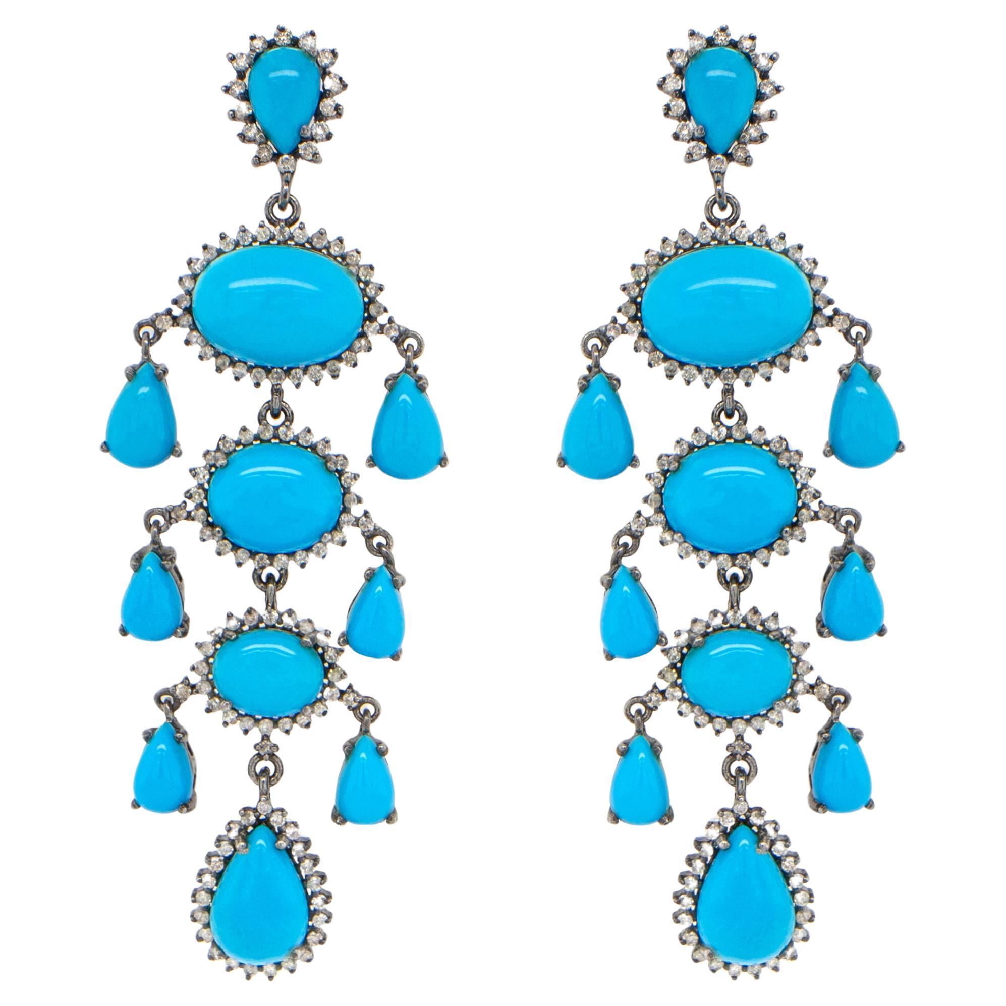 Boucles d'oreilles turquoise et diamant 14k or et argent