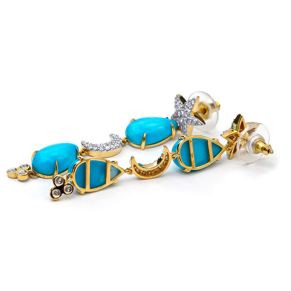 Cabochon Turquoise and Diamond Earrings, 18 Karat Yellow Gold