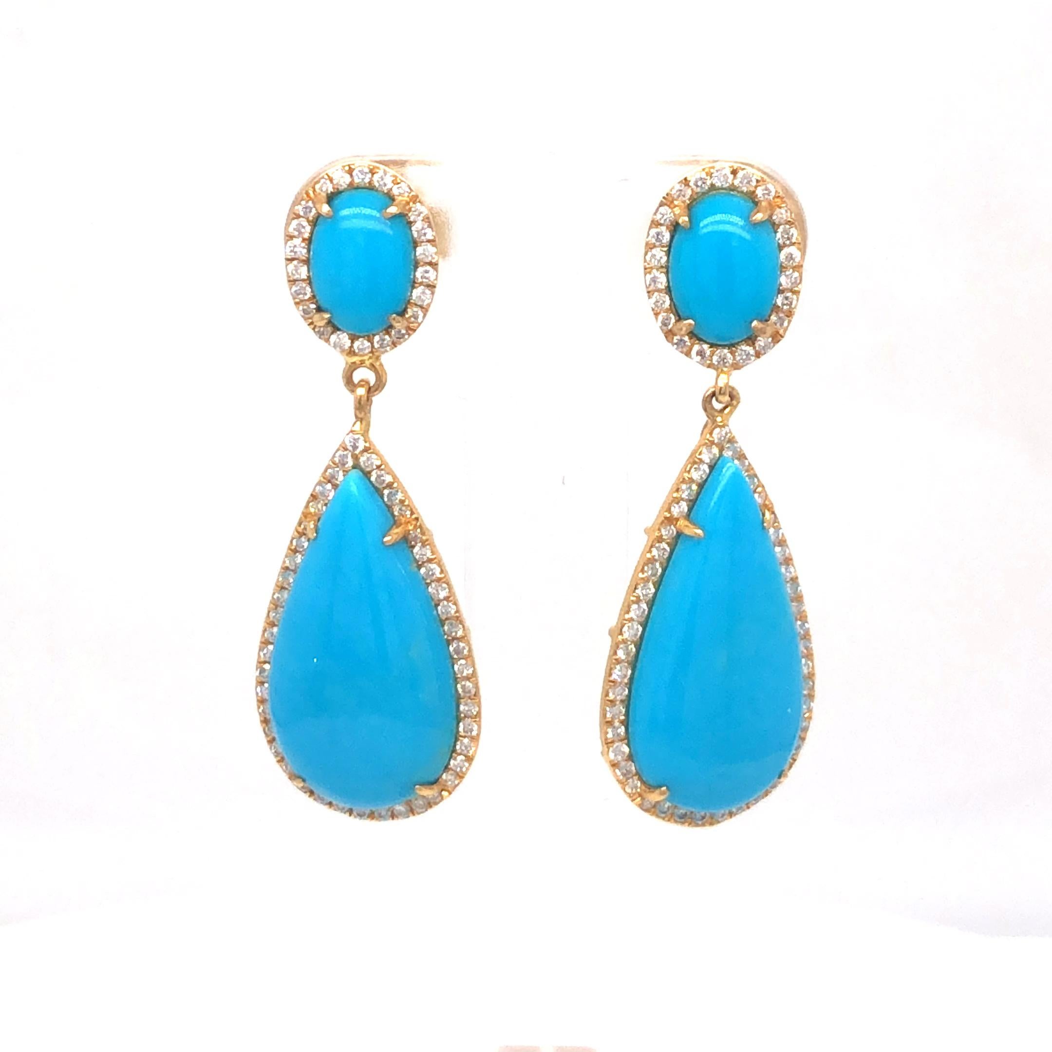 7.88ctw Turquoise And 0.48ctw Diamond Earrings 18K Yellow Gold 5.05 Grams
