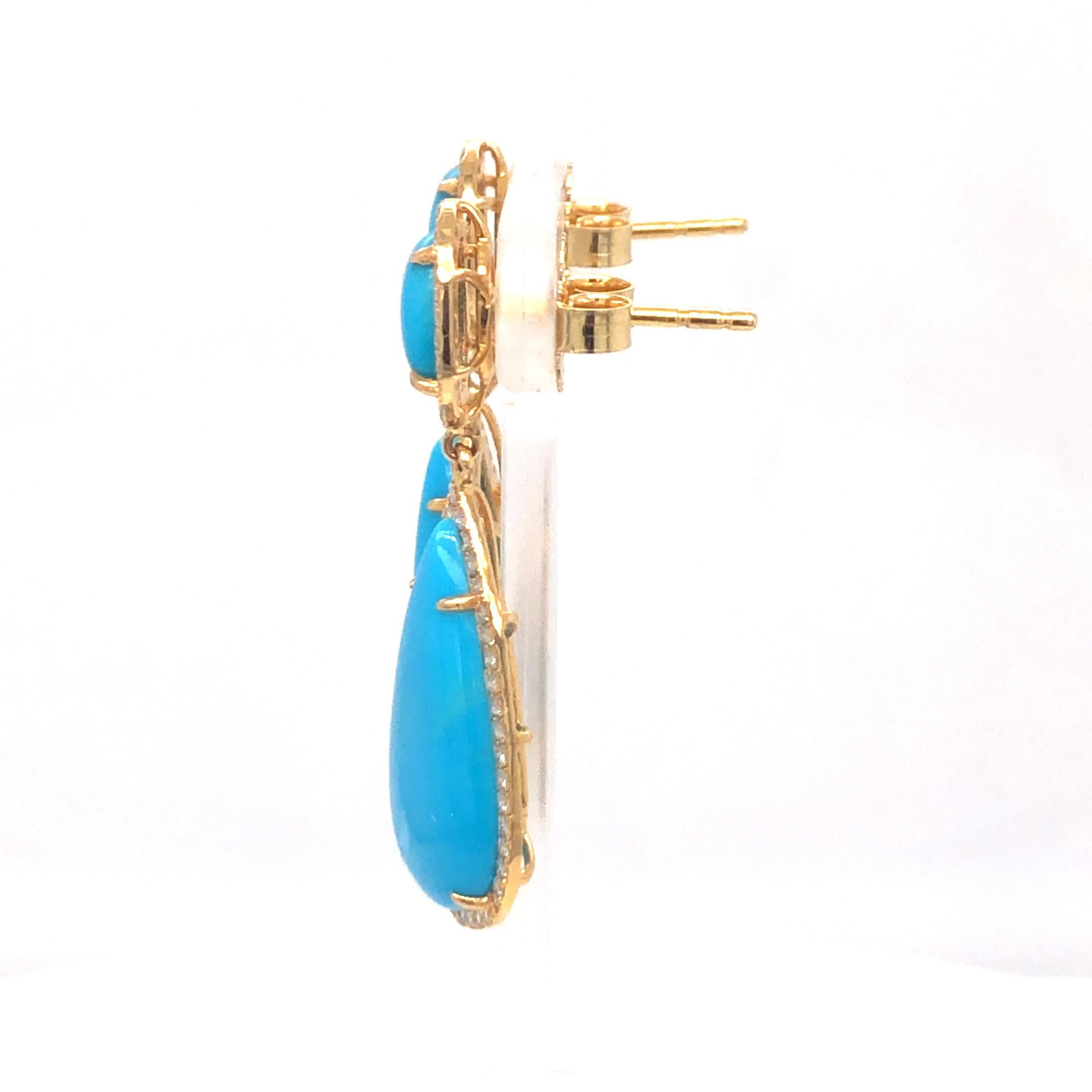 Cabochon Turquoise And Diamond Earrings 18K Yellow Gold For Sale