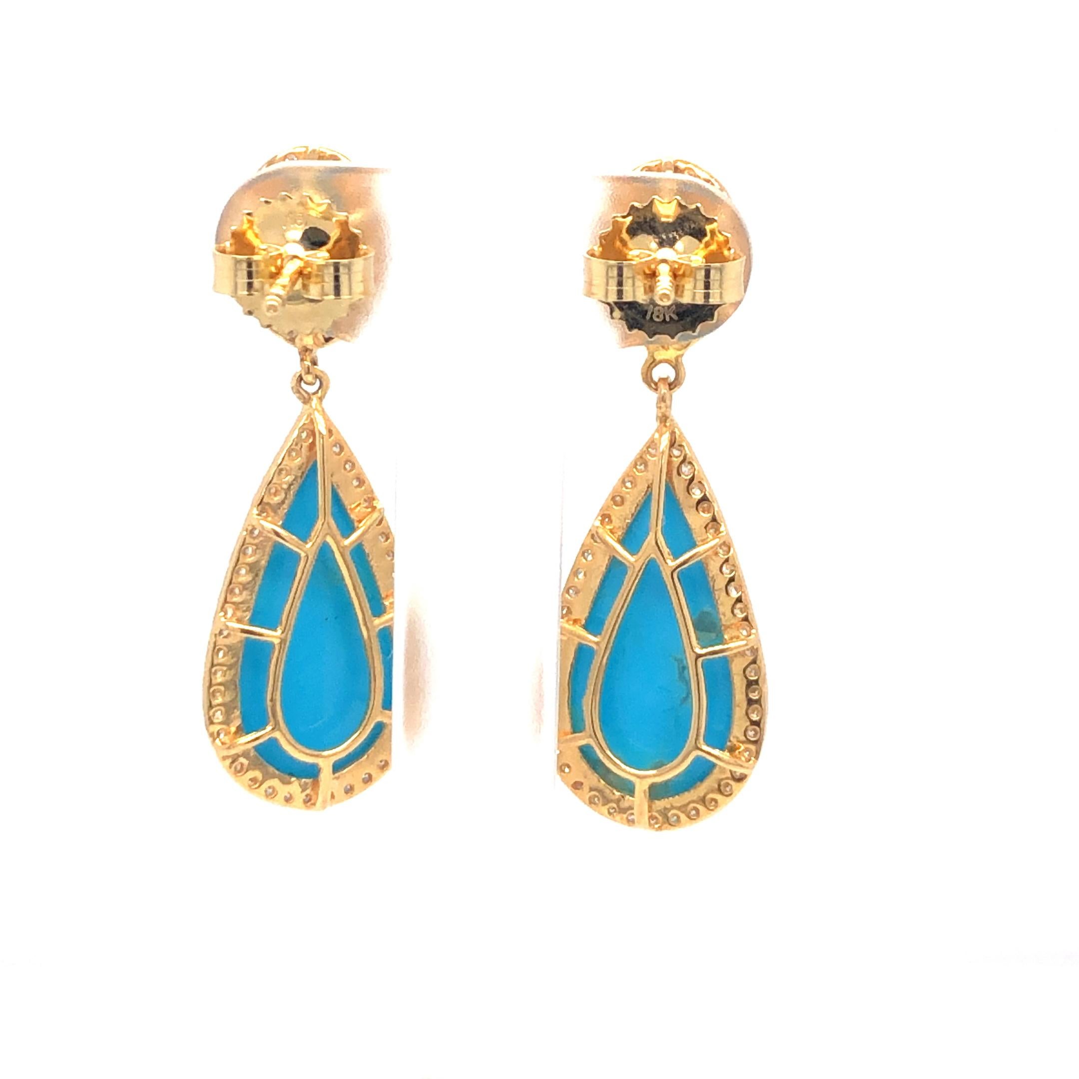 Turquoise And Diamond Earrings 18K Yellow Gold In New Condition For Sale In Dallas, TX