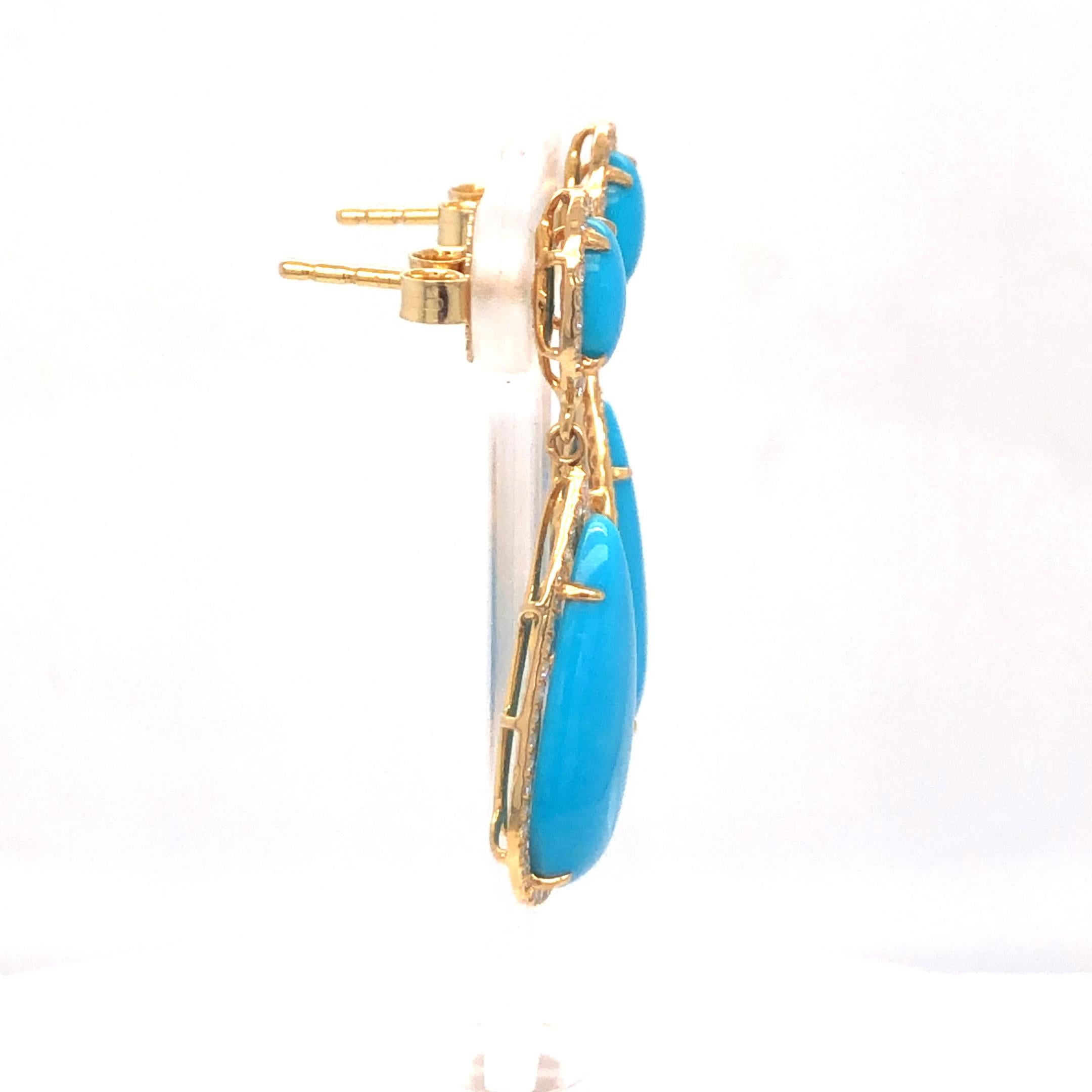 Women's Turquoise And Diamond Earrings 18K Yellow Gold For Sale