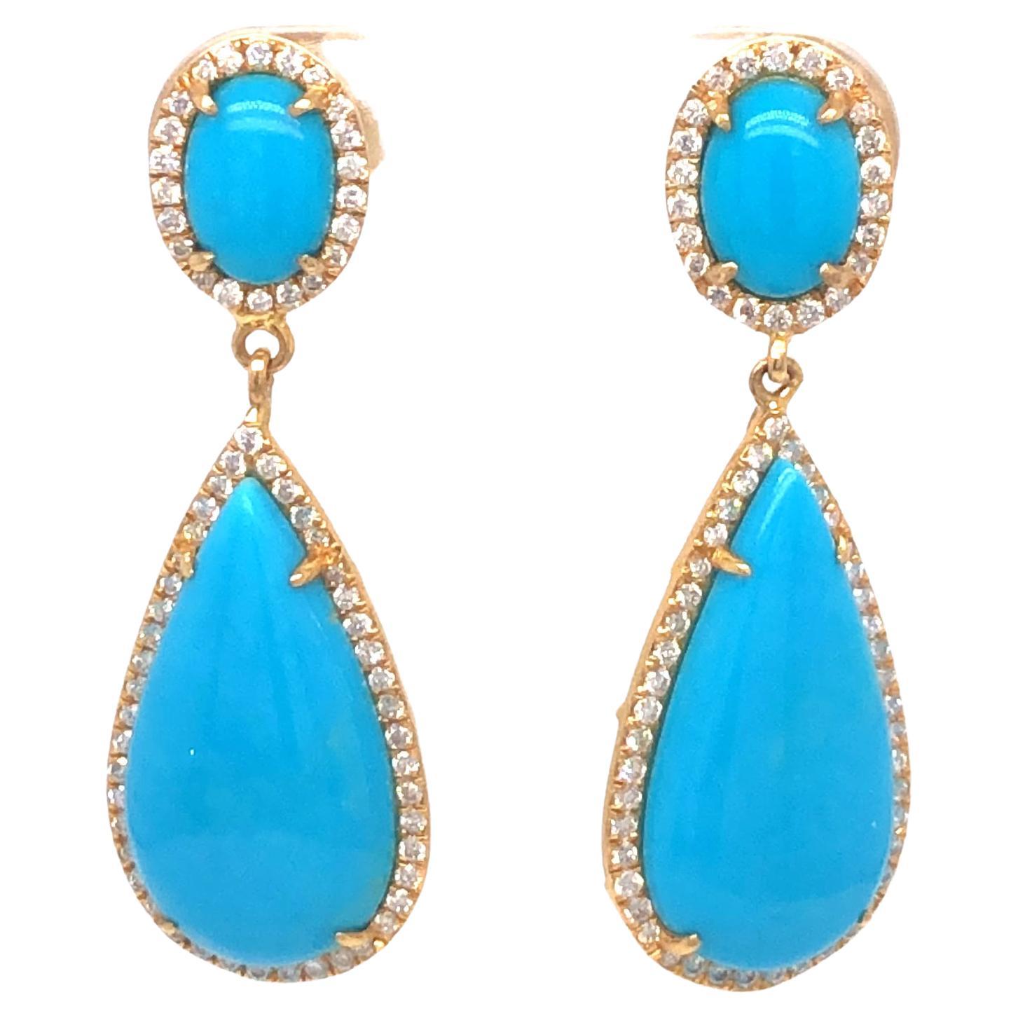 Turquoise And Diamond Earrings 18K Yellow Gold For Sale