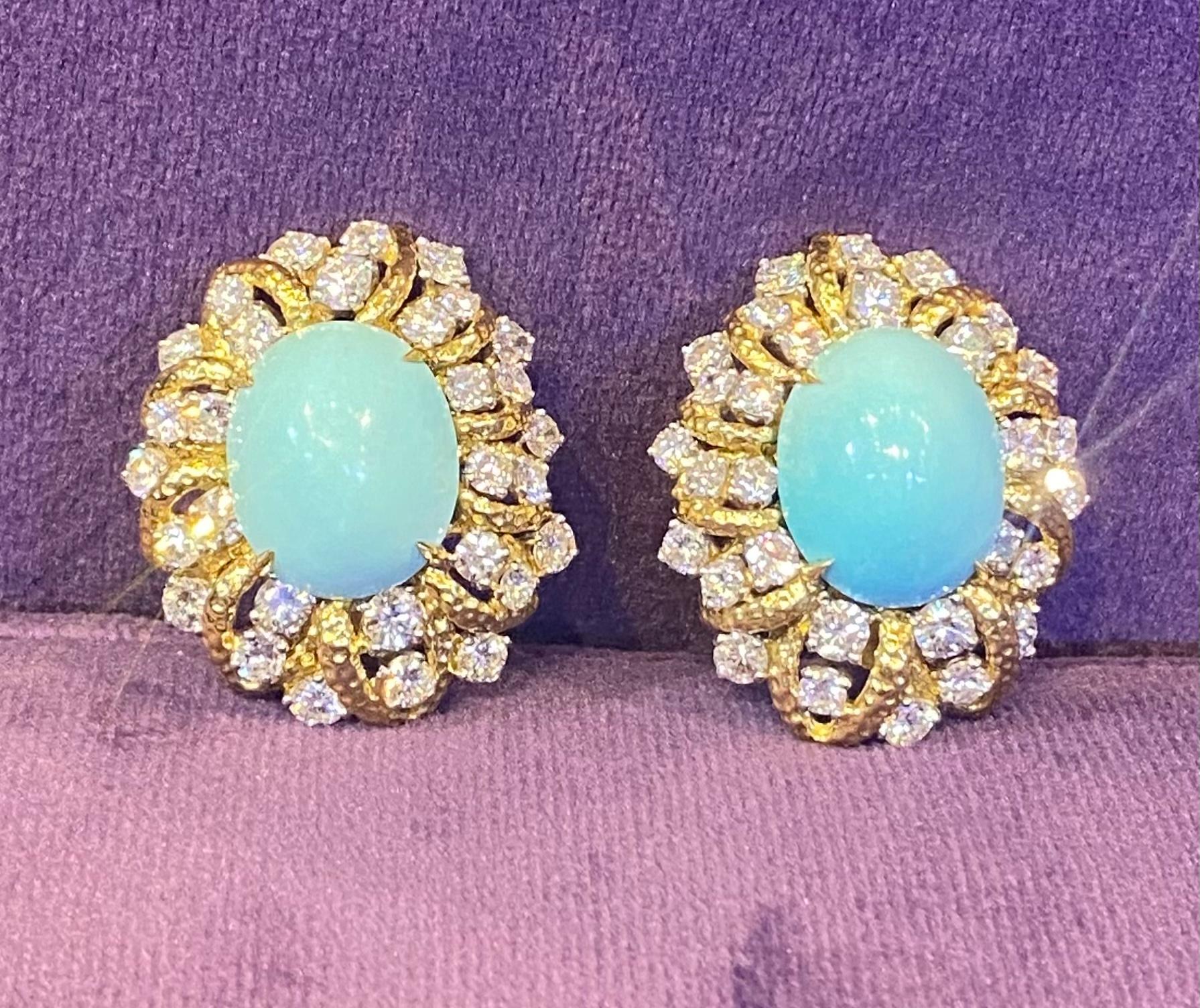 Boucles d'oreilles en turquoise et diamants de David Webb en vente 1