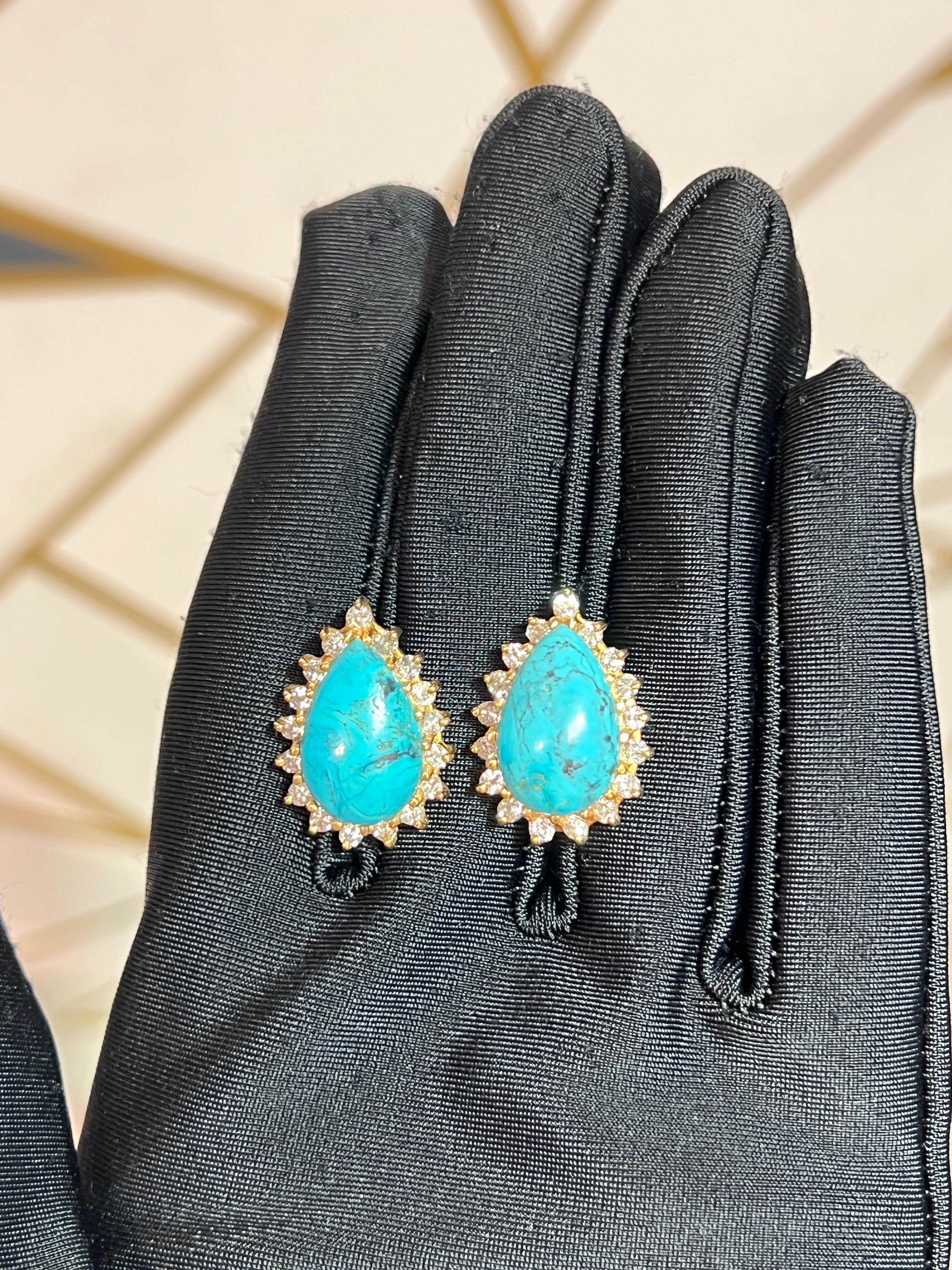 Mixed Cut Turquoise and Diamond Earrings For Sale