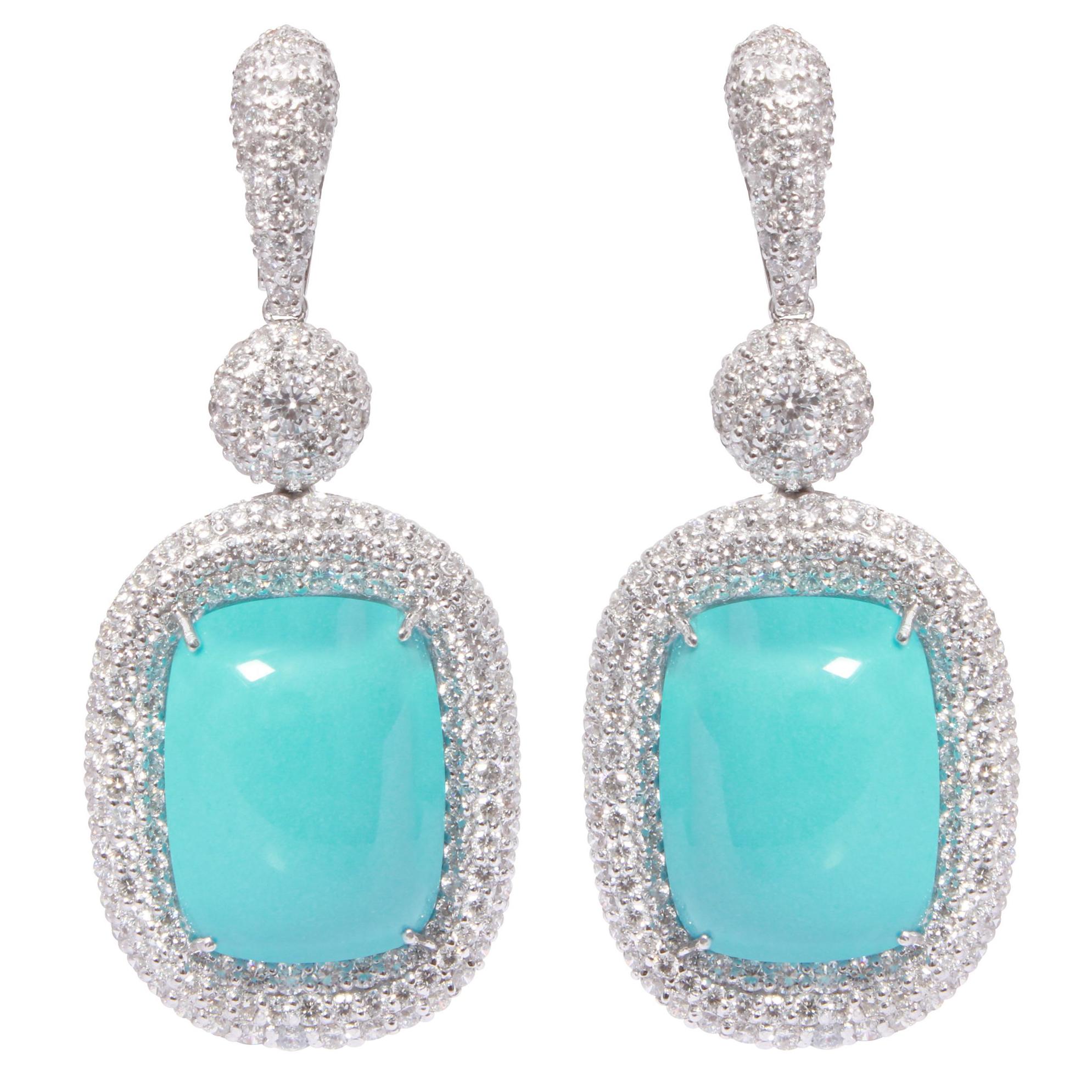 Turquoise and Diamond Earrings in 18 Karat White Gold For Sale