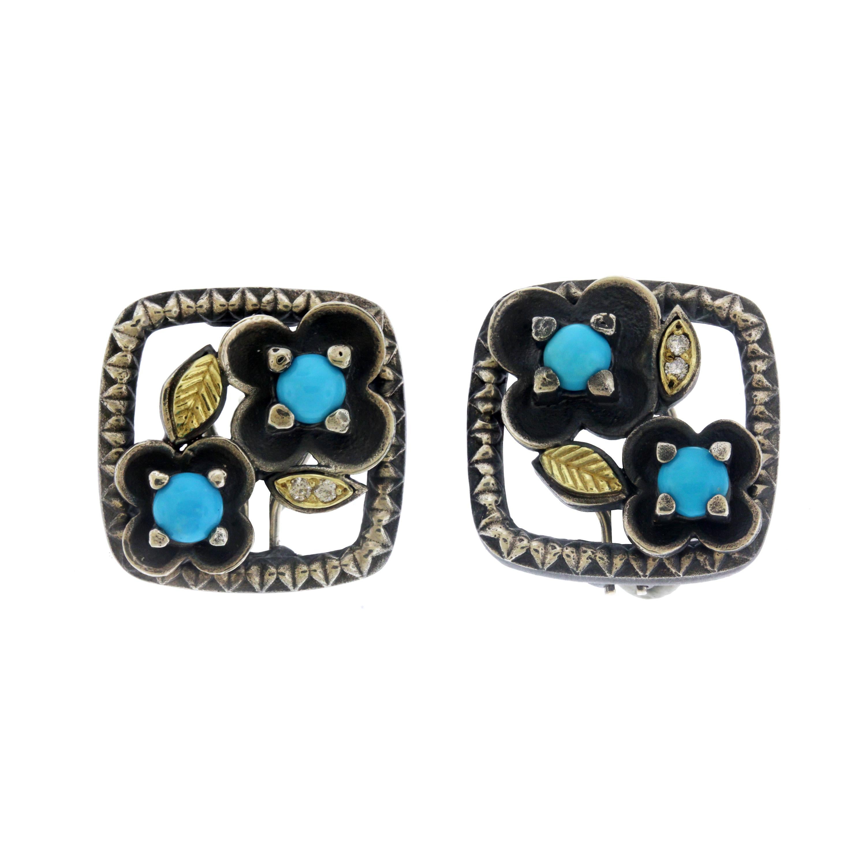 Round Cut Turquoise and Diamond Flower Button Earrings Sterling Silver Gold Stambolian