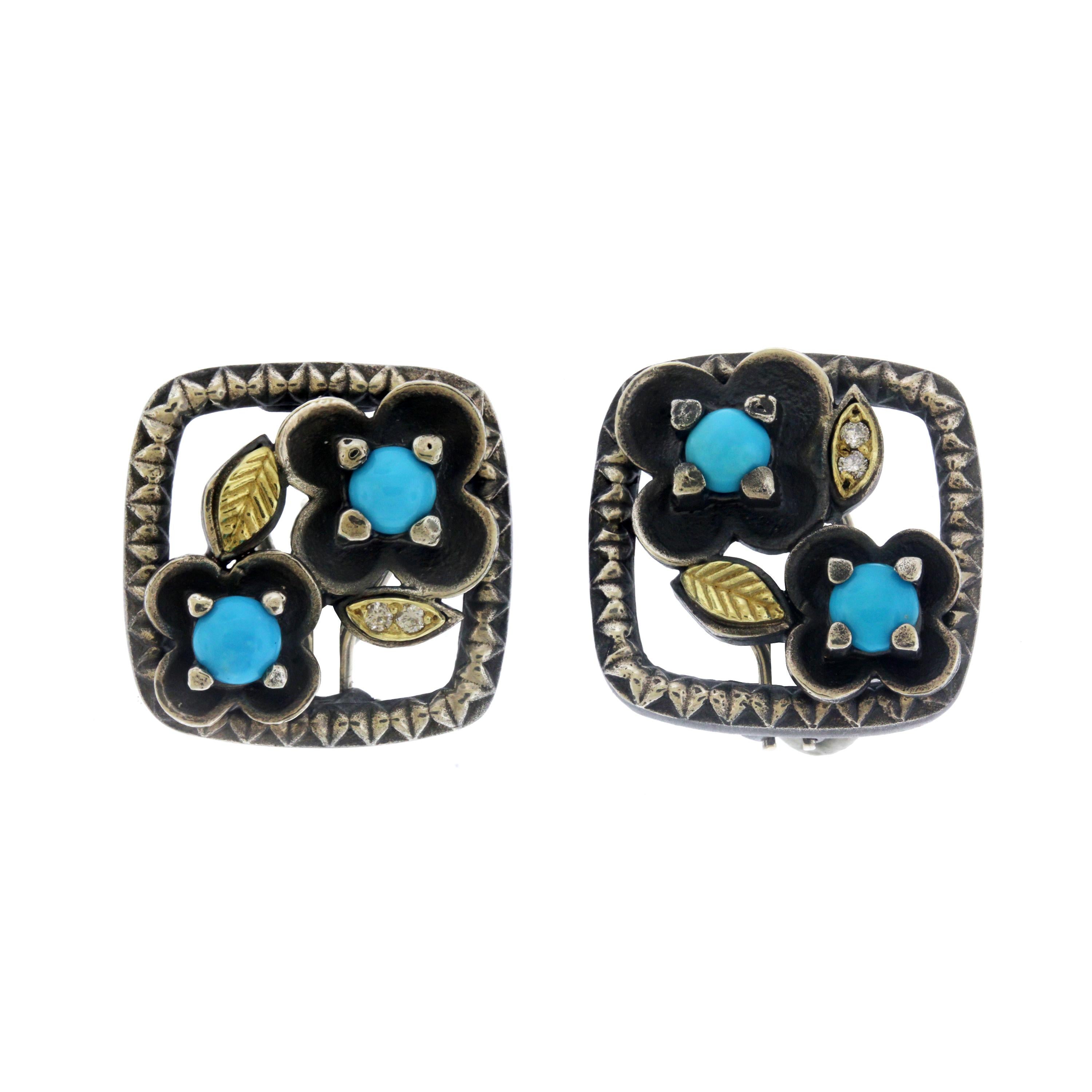 Turquoise and Diamond Flower Button Earrings Sterling Silver Gold Stambolian