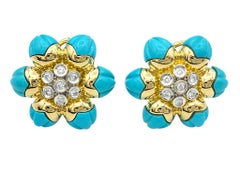 Turquoise and Diamond Flower Motif Large Stud Earrings in 18 Karat Yellow Gold