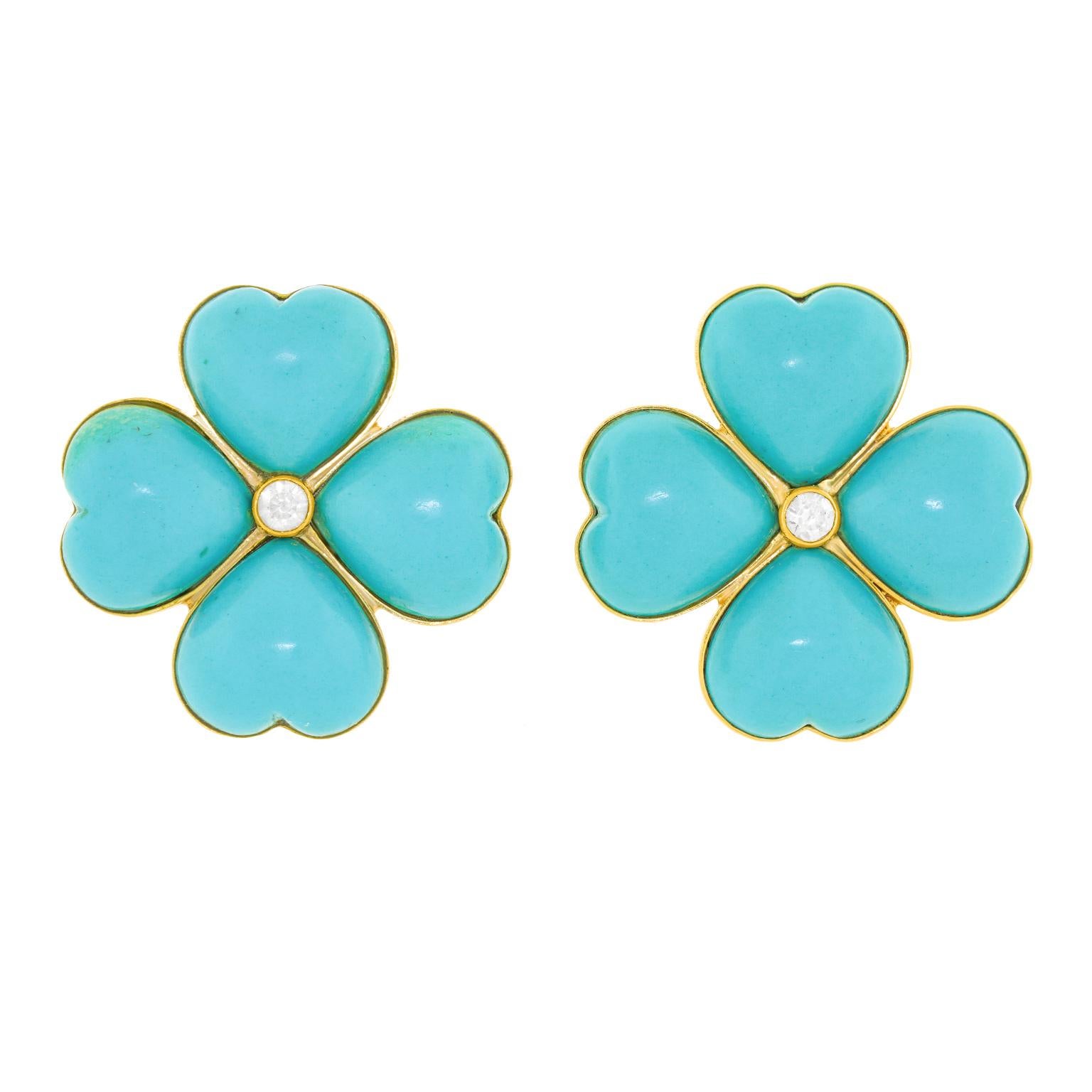 Cabochon Turquoise and Diamond Flower Power Earrings
