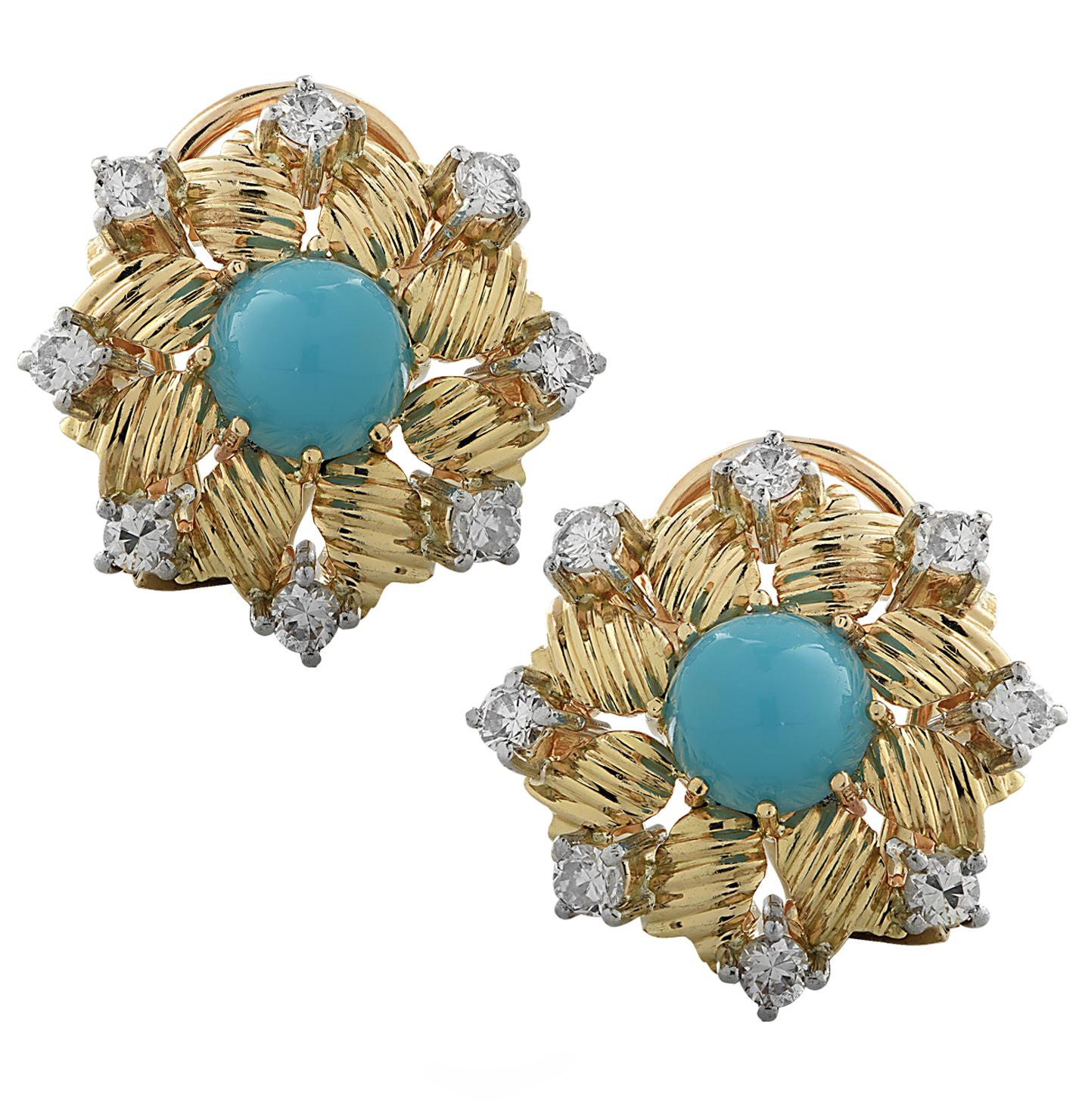 Women's Turquoise and Diamond Flower Stud Earrings