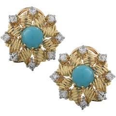 Turquoise and Diamond Flower Stud Earrings