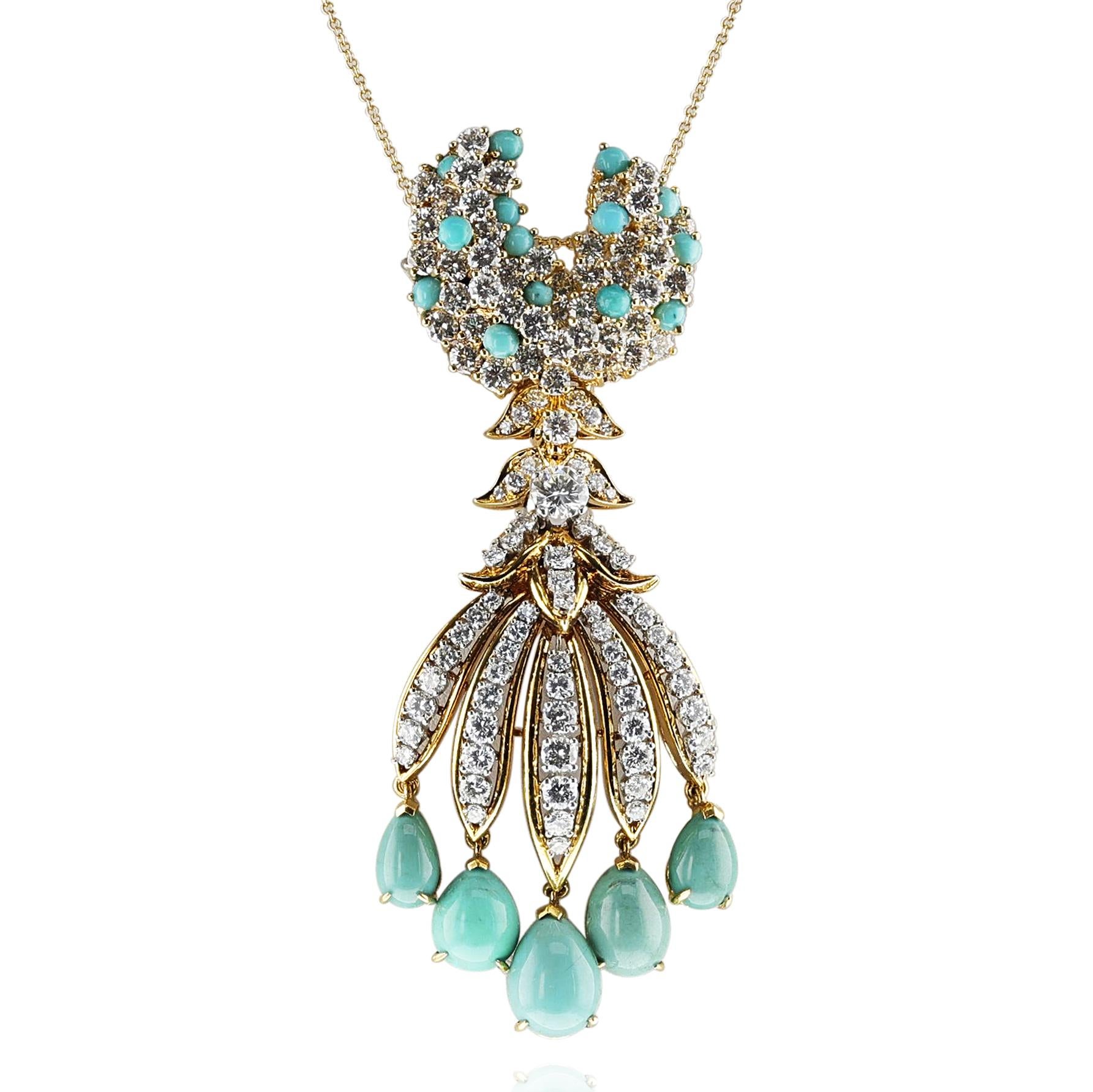 Türkis- und Diamant- Fransen-Halskette, abnehmbare Brosche, 18k 5