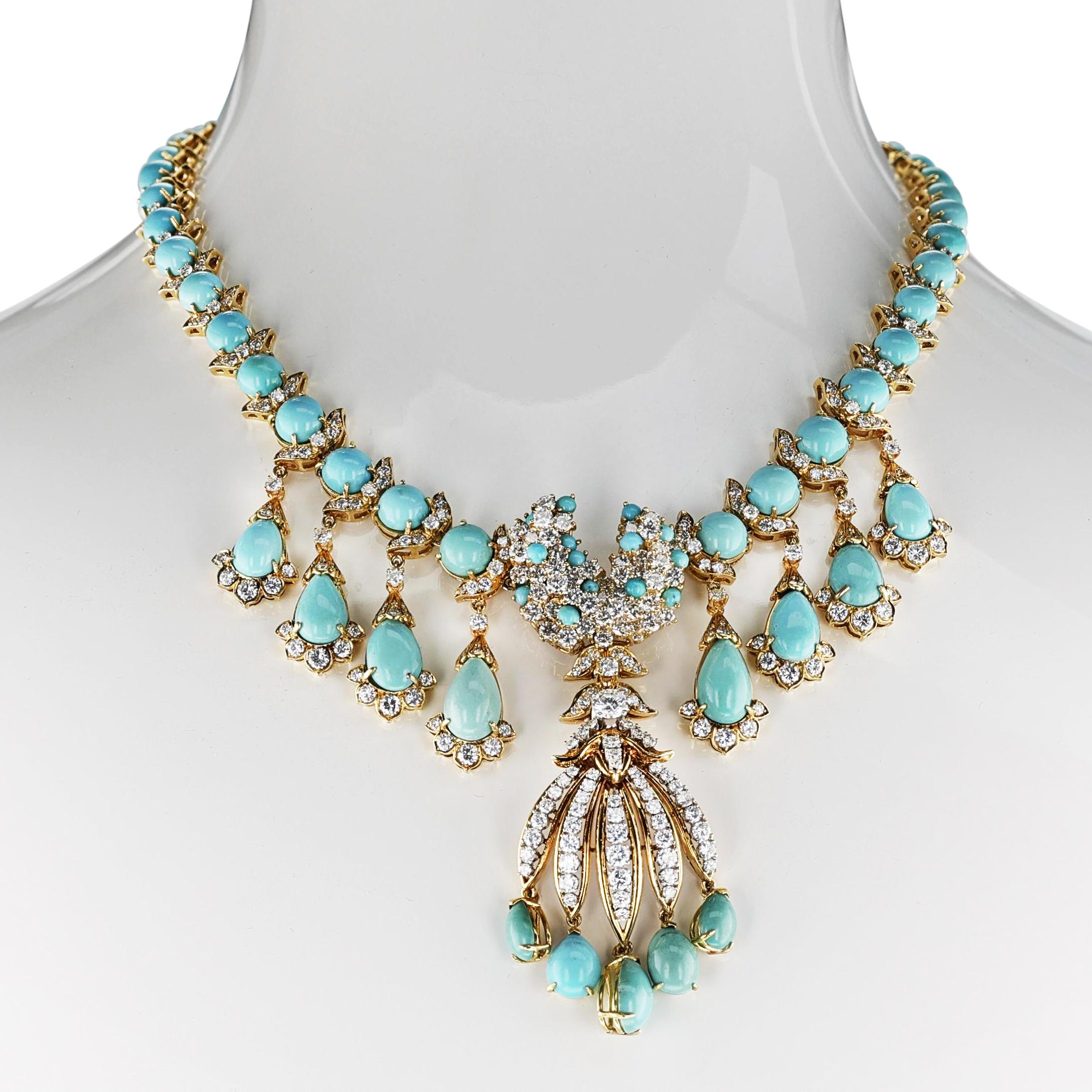 Türkis- und Diamant- Fransen-Halskette, abnehmbare Brosche, 18k 6