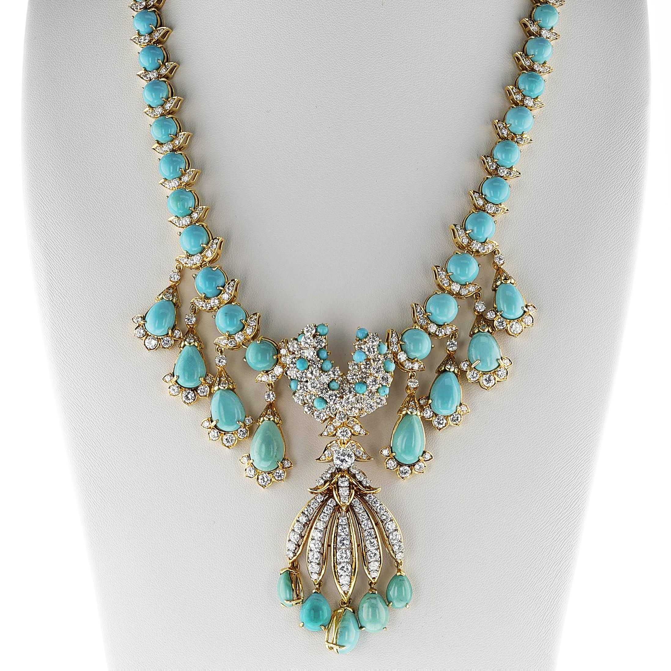 Türkis- und Diamant- Fransen-Halskette, abnehmbare Brosche, 18k 7