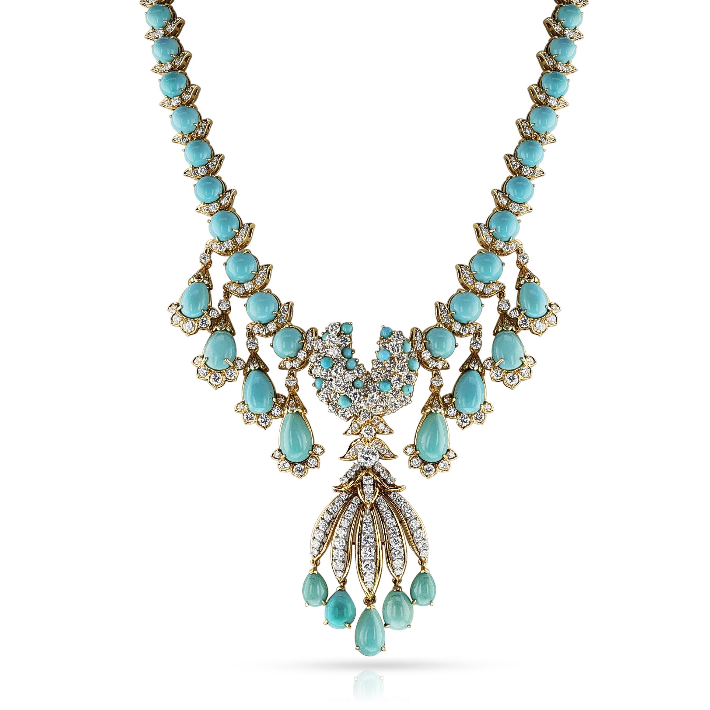 Türkis- und Diamant- Fransen-Halskette, abnehmbare Brosche, 18k 8