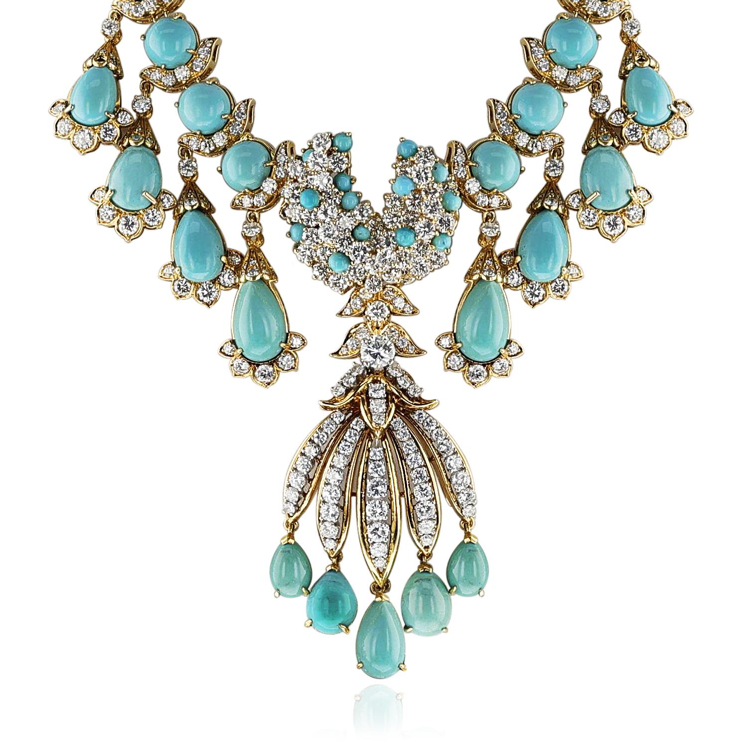 Türkis- und Diamant- Fransen-Halskette, abnehmbare Brosche, 18k 9