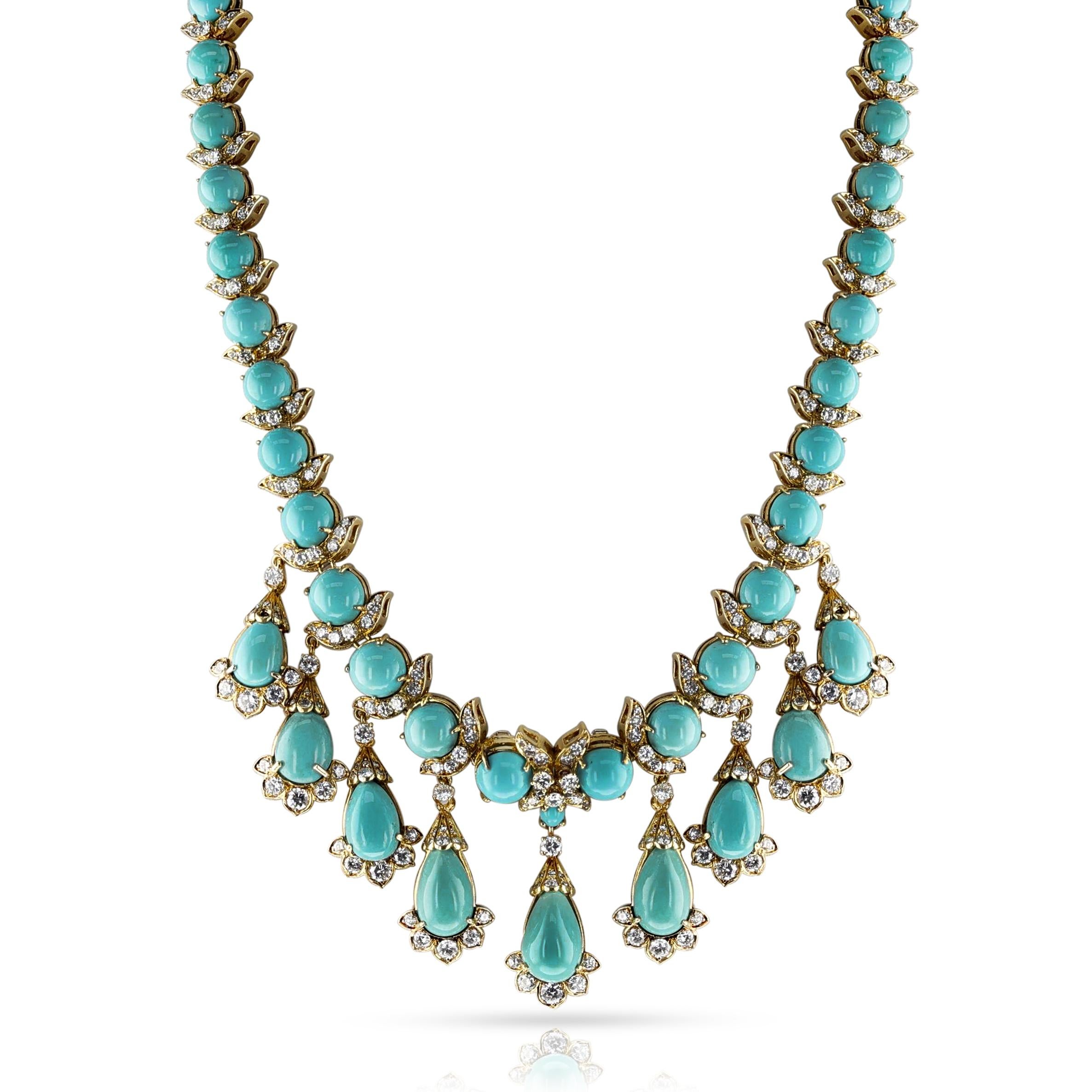 Türkis- und Diamant- Fransen-Halskette, abnehmbare Brosche, 18k (Cabochon)