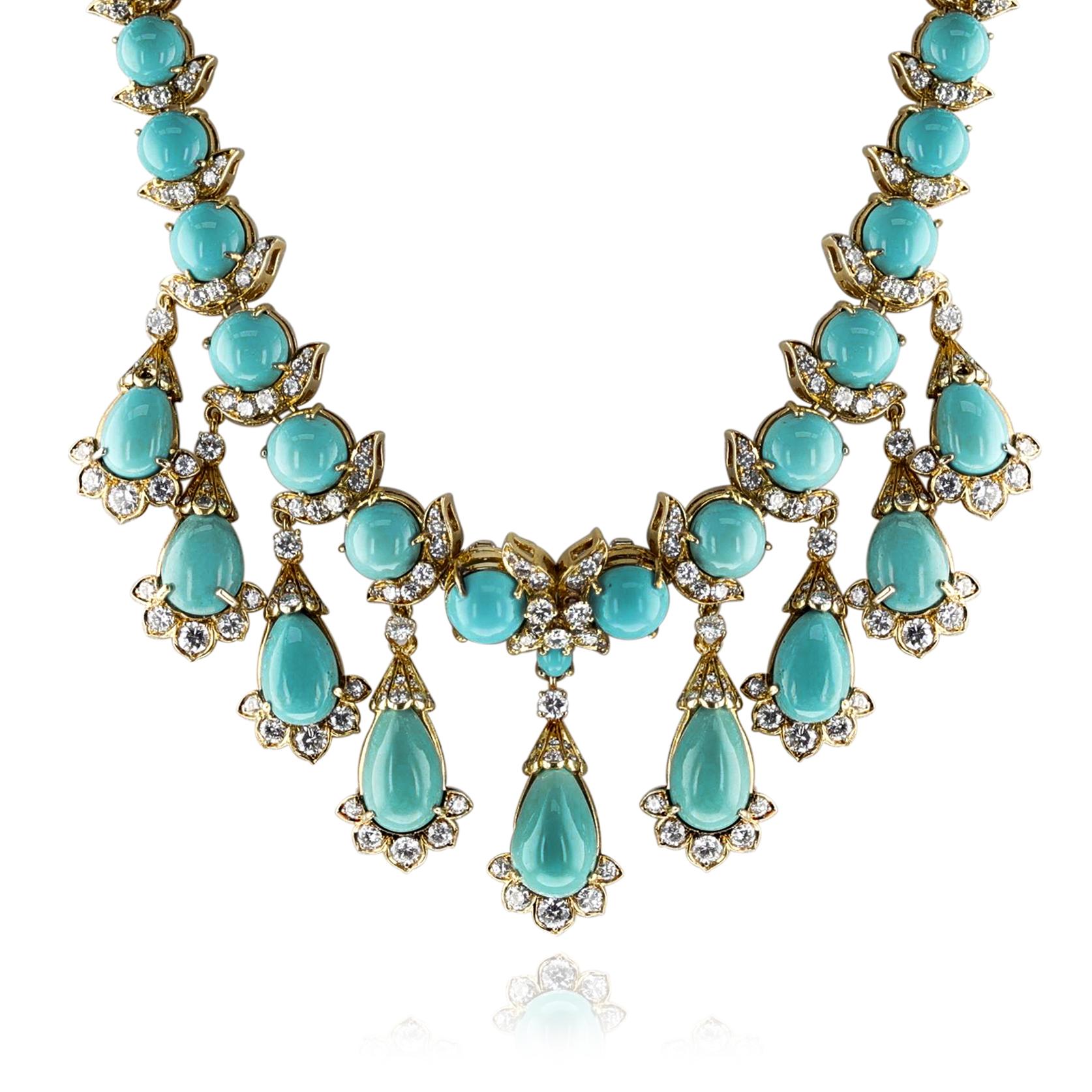 Türkis- und Diamant- Fransen-Halskette, abnehmbare Brosche, 18k im Zustand „Hervorragend“ in New York, NY
