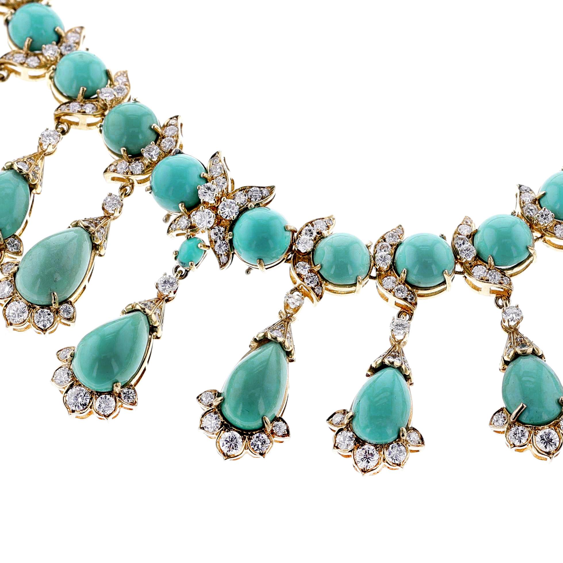 Türkis- und Diamant- Fransen-Halskette, abnehmbare Brosche, 18k 1