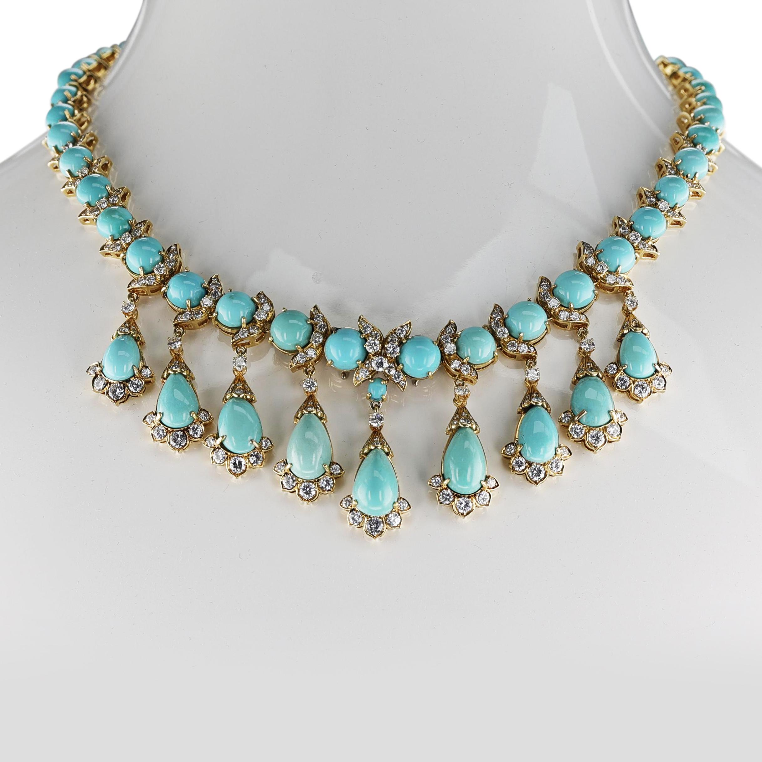 Türkis- und Diamant- Fransen-Halskette, abnehmbare Brosche, 18k 2
