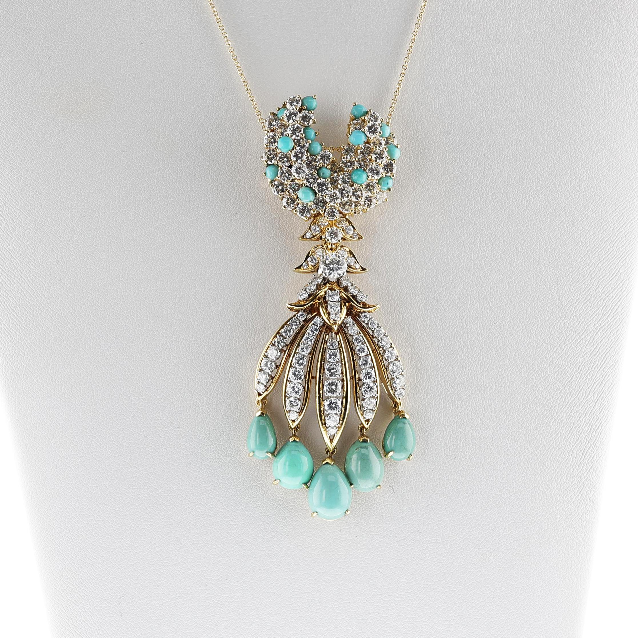 Türkis- und Diamant- Fransen-Halskette, abnehmbare Brosche, 18k 3